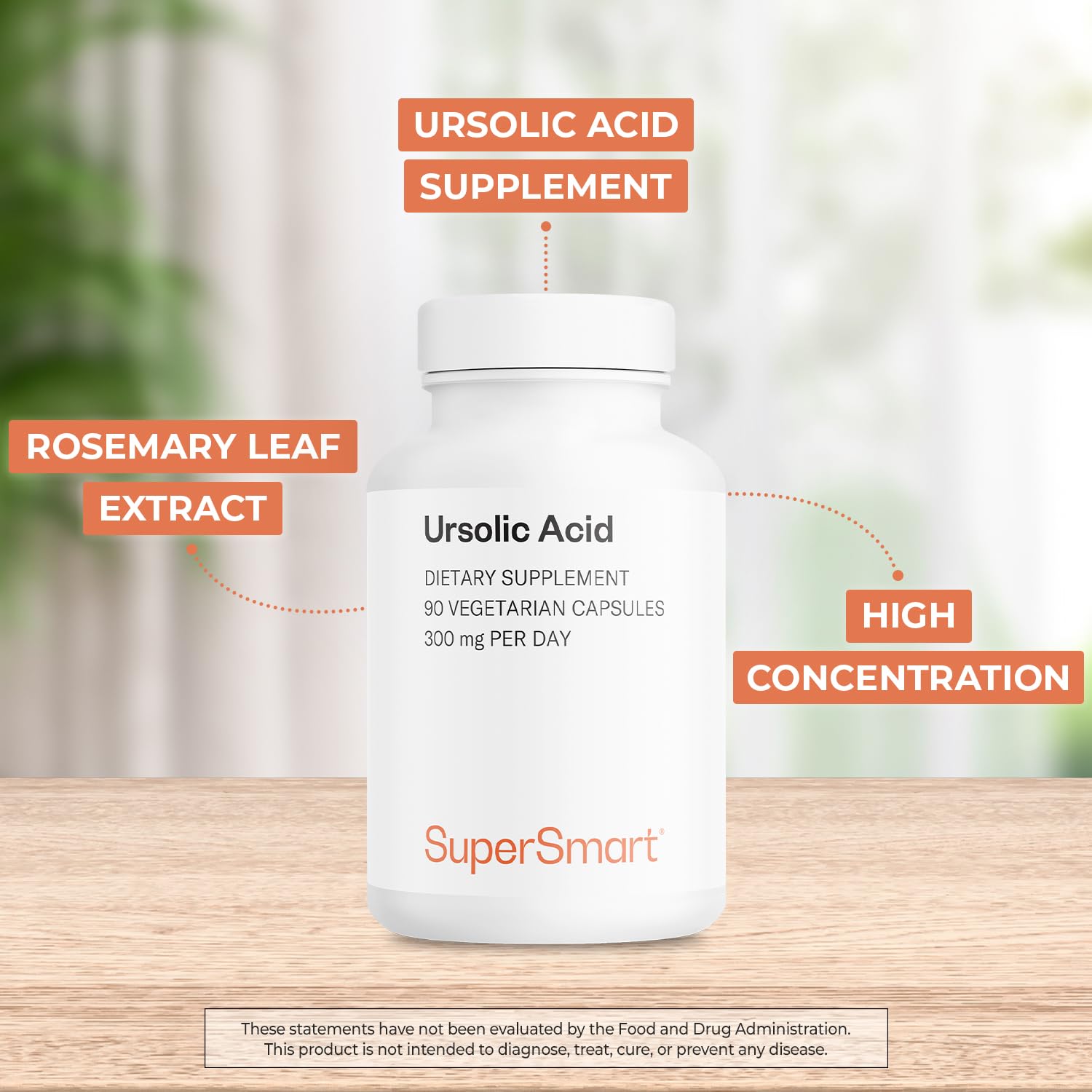Supersmart acide ursolique – Étiquette lisible montrant dosage et ingrédients sans allergènes.
