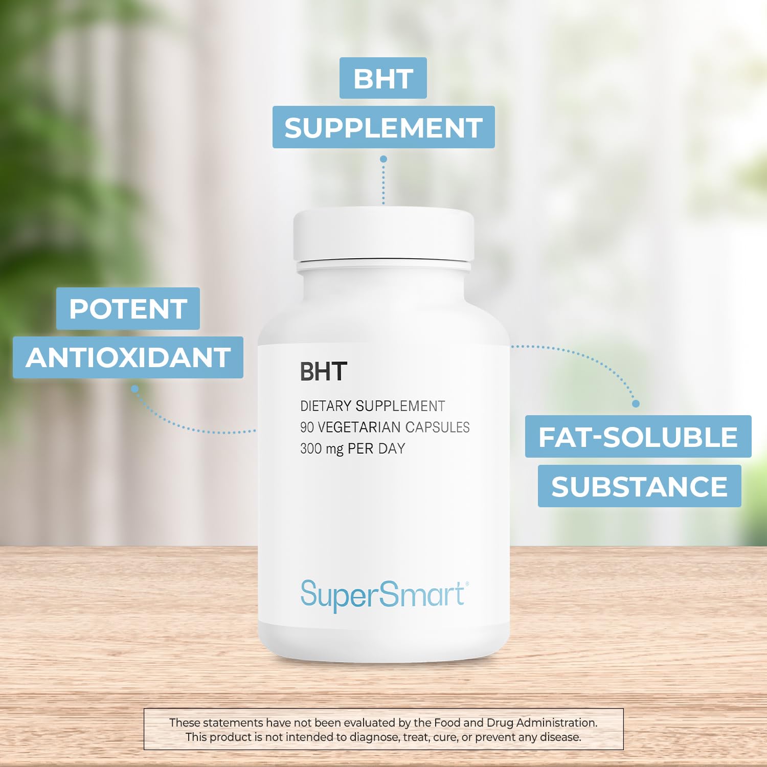 Bouteille Supersmart BHT montrant des capsules végétariennes et sans gluten.