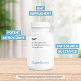 Bouteille Supersmart BHT montrant des capsules végétariennes et sans gluten.
