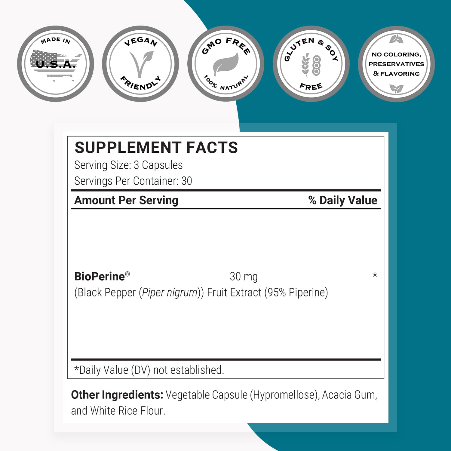 Supersmart Bioperine Poivre Noir 95 piperine capsules : adaptées sans OGM et sans gluten.