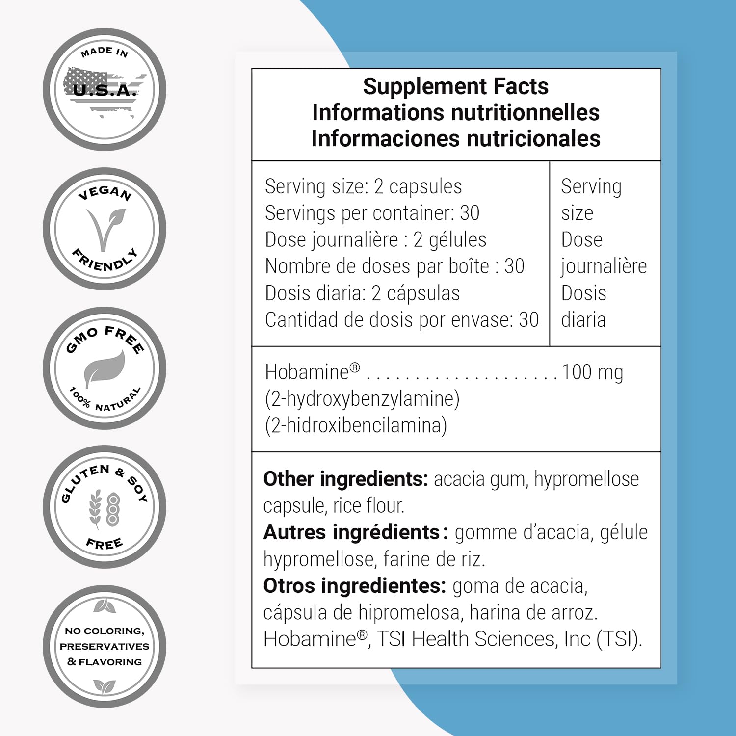 Étiquette du produit Hobamine, informations sur l’ingrédient breveté.