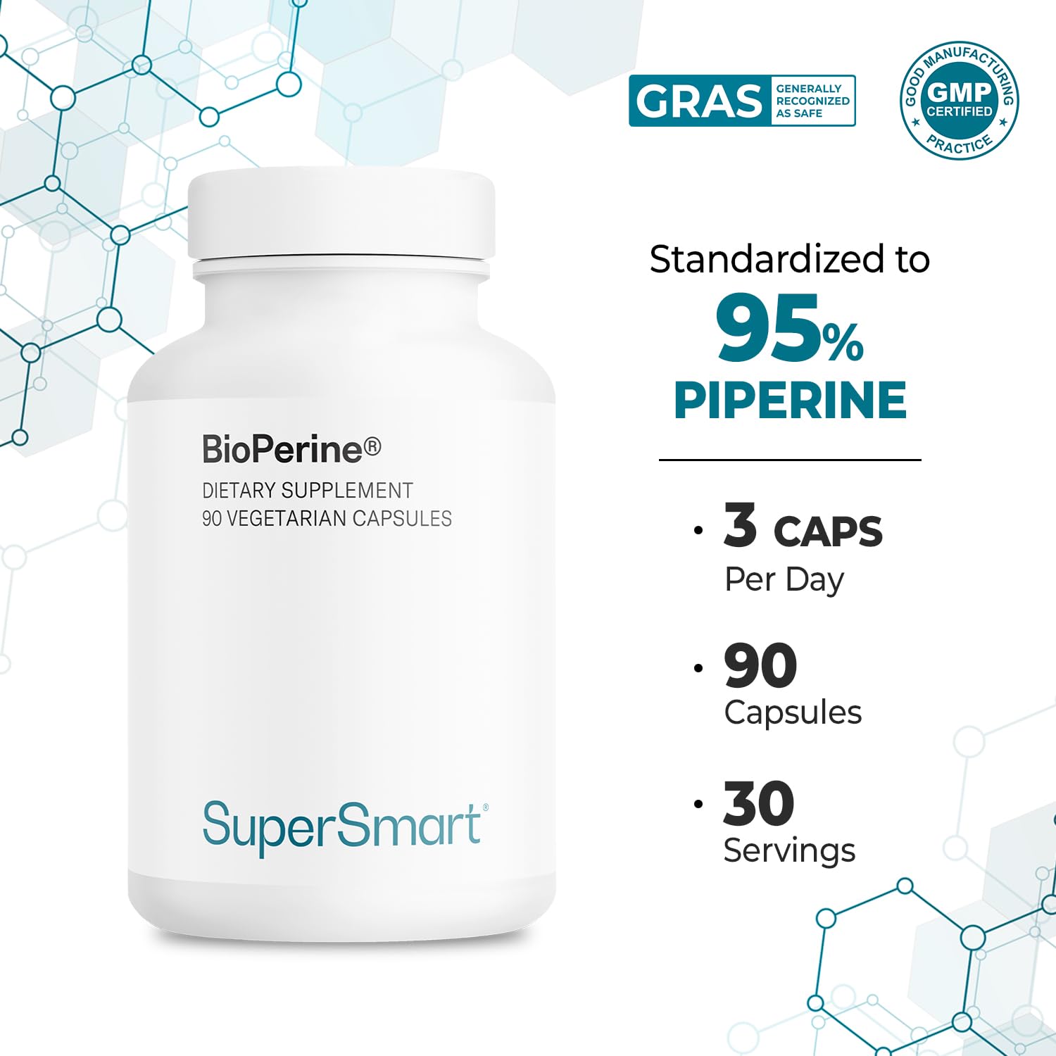 Capsules végétariennes Supersmart Bioperine Poivre Noir : compatibles avec un régime végétarien.