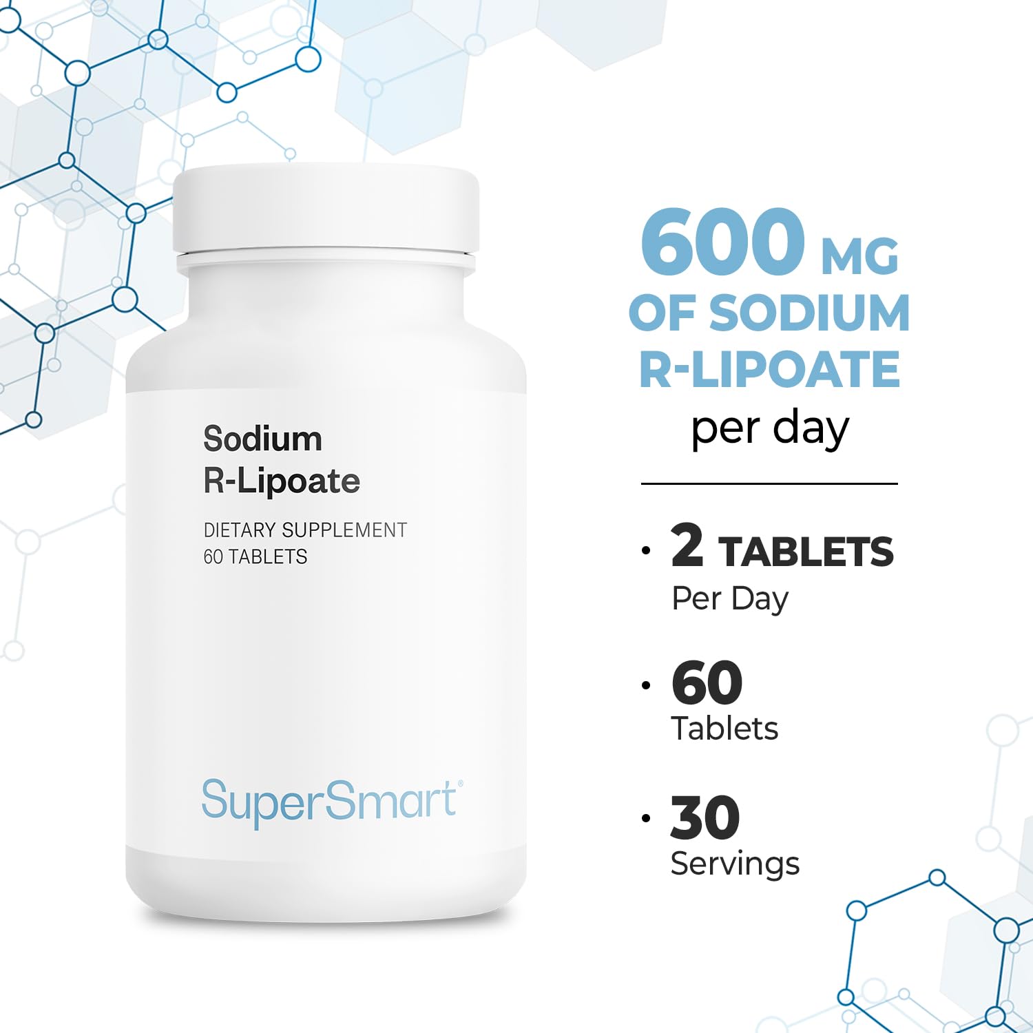 Capsule végétale Supersmart Sodium R-Lipoate, facile à avaler au quotidien.