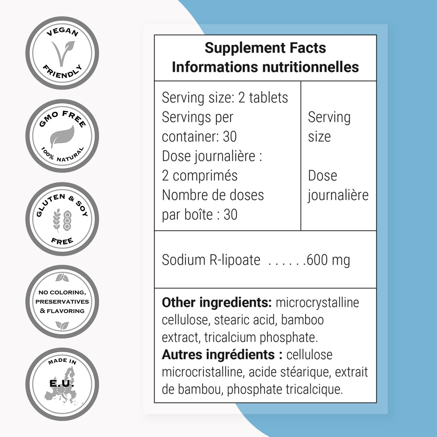 Emballage sans gluten de Supersmart Sodium R-Lipoate pour régimes spécifiques.