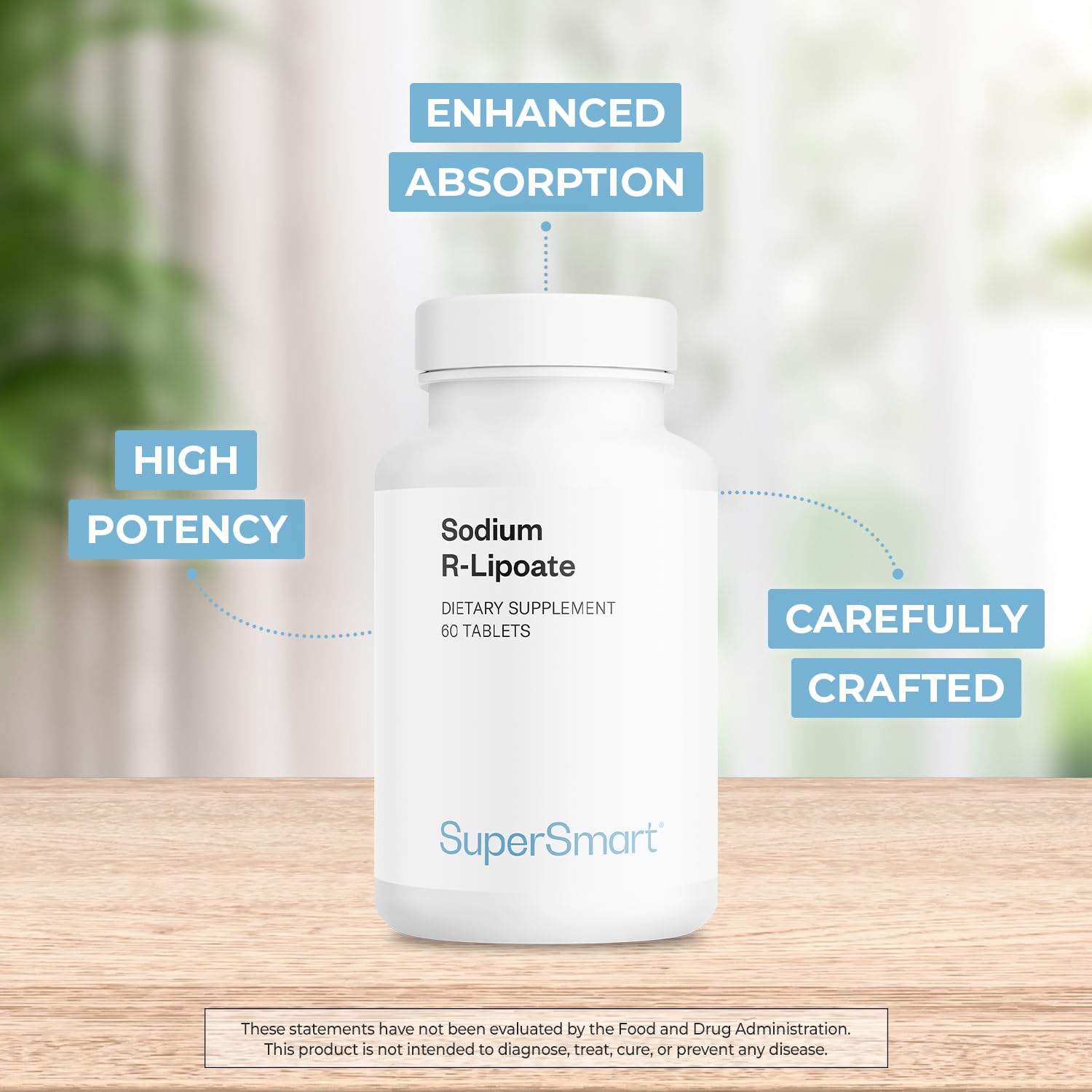 Étiquette nutritionnelle de Supersmart Sodium R-Lipoate indiquant dosage et ingrédients.