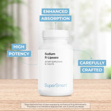 Étiquette nutritionnelle de Supersmart Sodium R-Lipoate indiquant dosage et ingrédients.