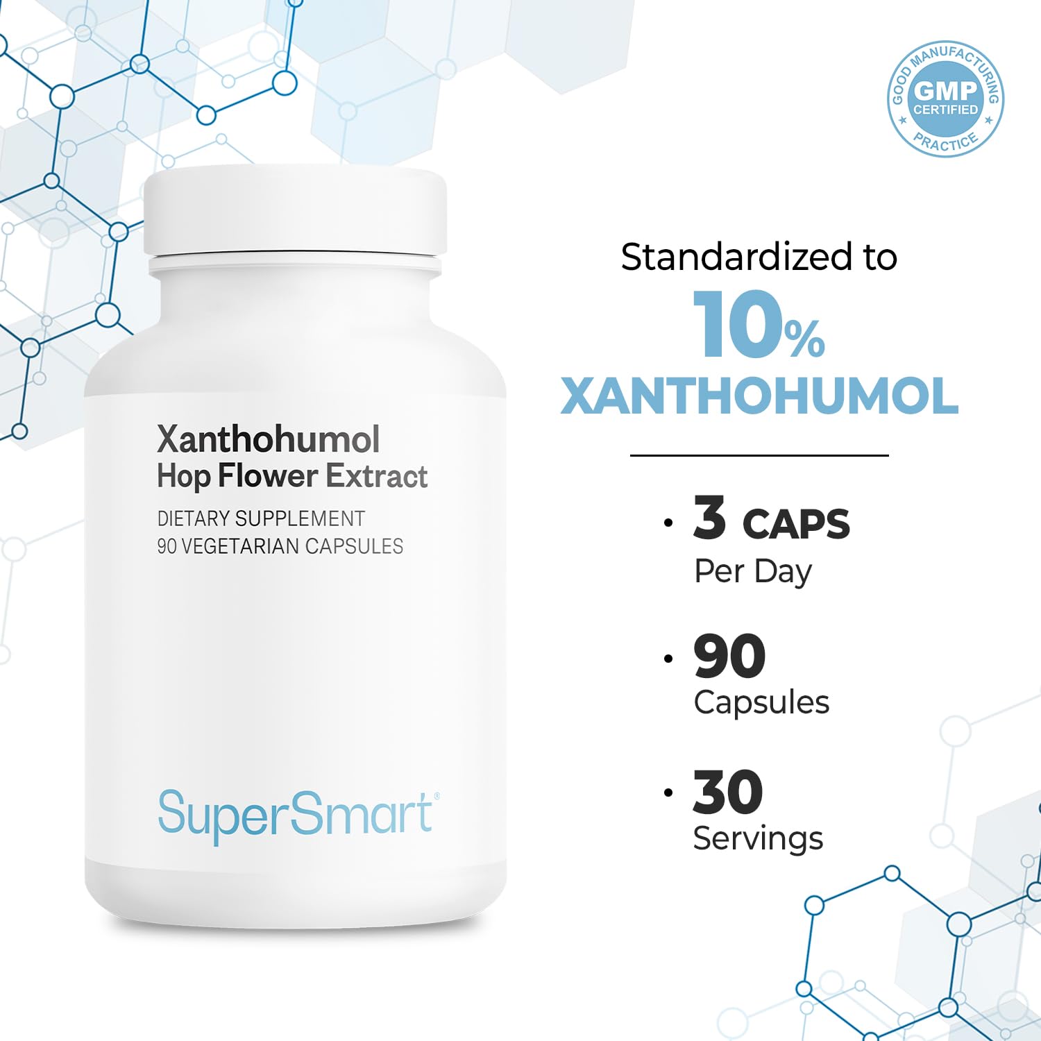 Étiquette de qualité sur l'emballage Supersmart Xanthohumol.