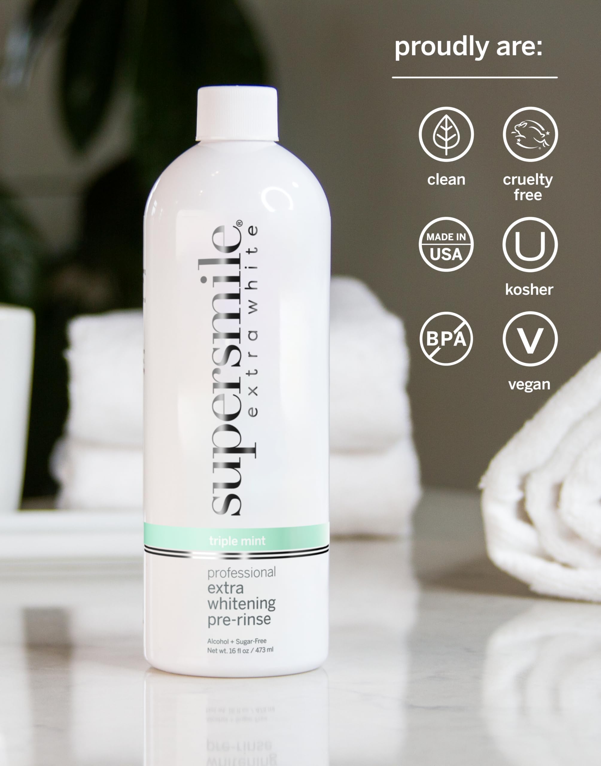 Supersmile pré-rinçage: doseur-cap pratique pour une dose précise.