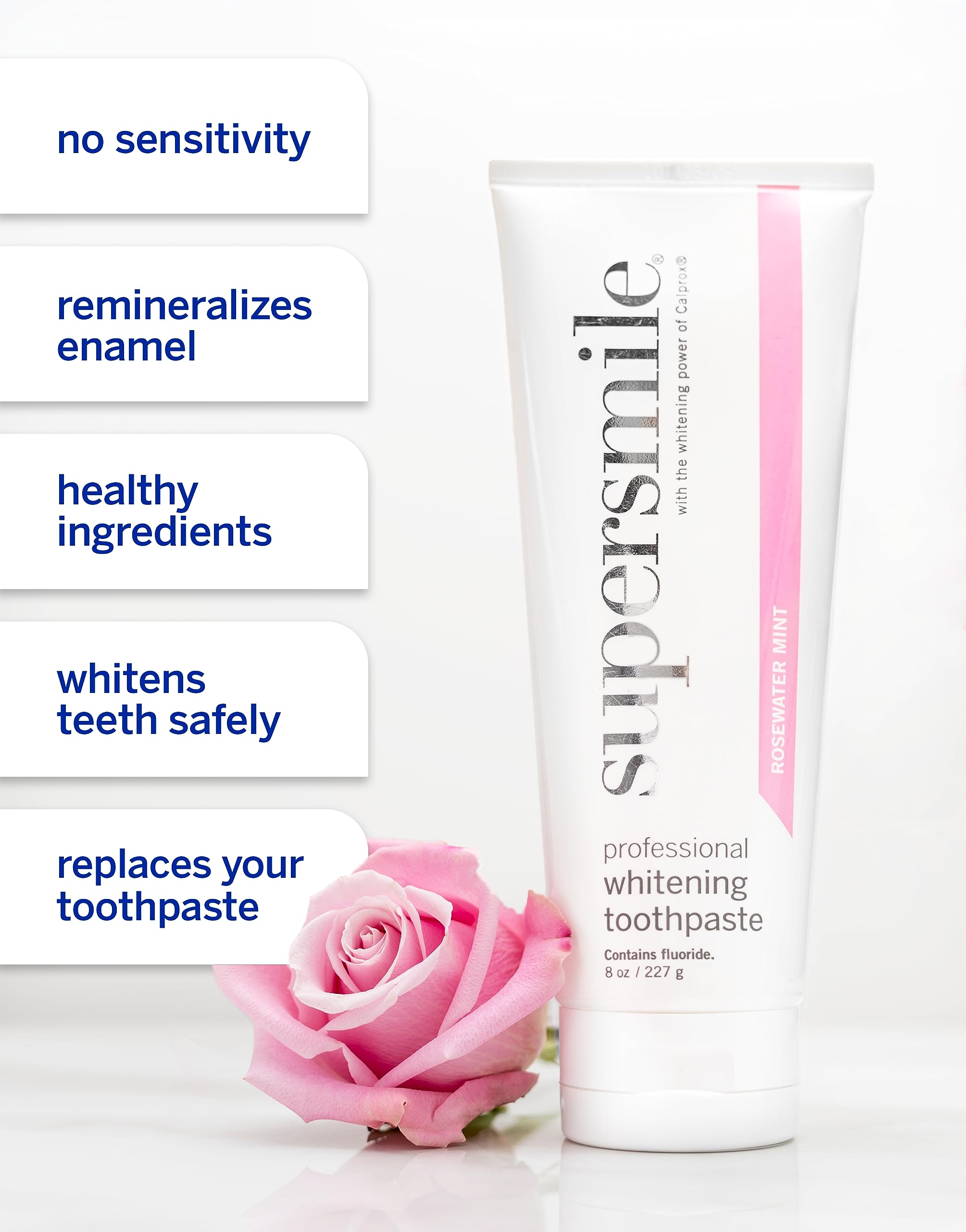 Avant/après suggéré avec Supersmile Rosewater Mint montrant l’éclat progressif.