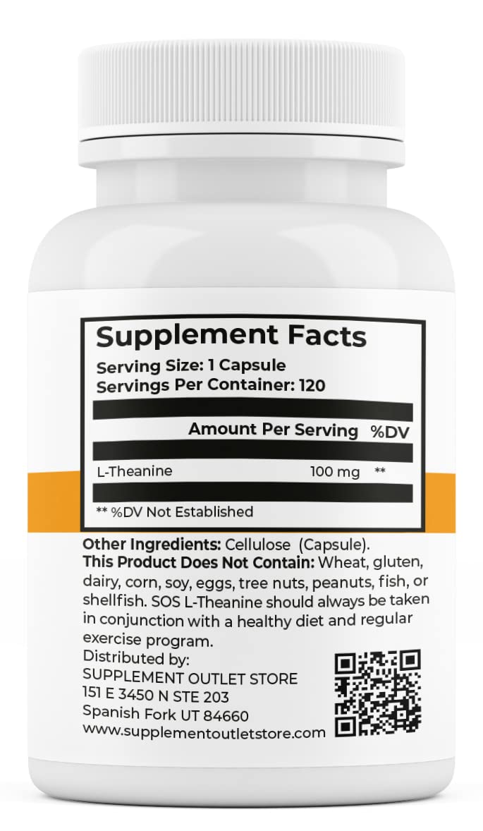 SOS L-Theanine, étiquette lisible, indique le dosage quotidien de 100 mg.