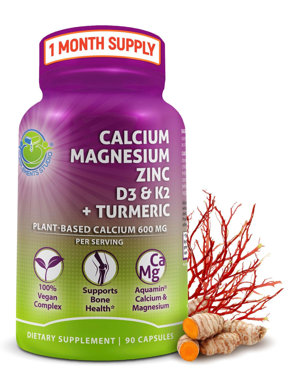 SUPPLEMENTS STUDIO Calcium Aquamin – bouteille montrant une source végétale pour l absorption.