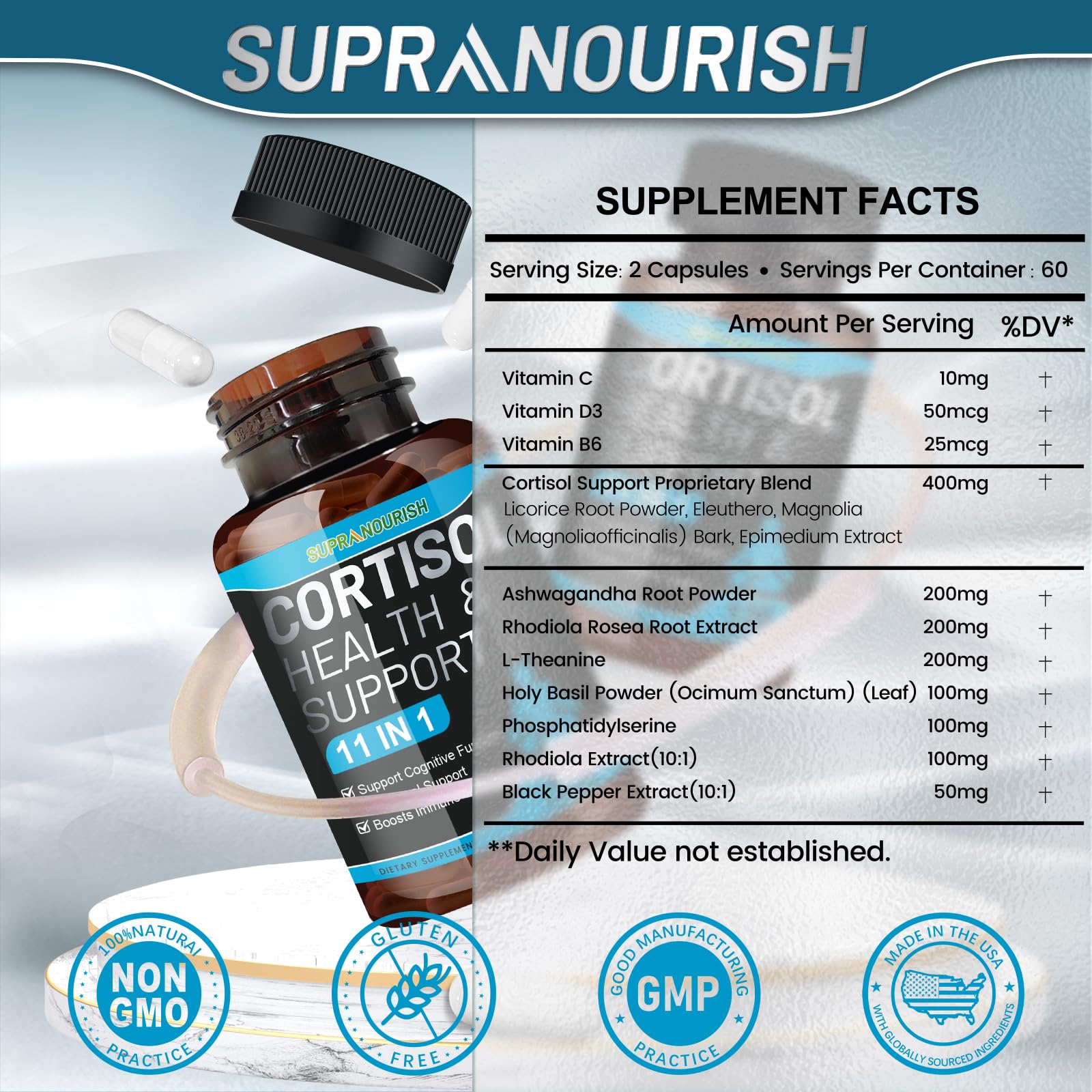 Capsules SUPRANOURISH Cortisol Manager faciles à avaler pour une routine saine.