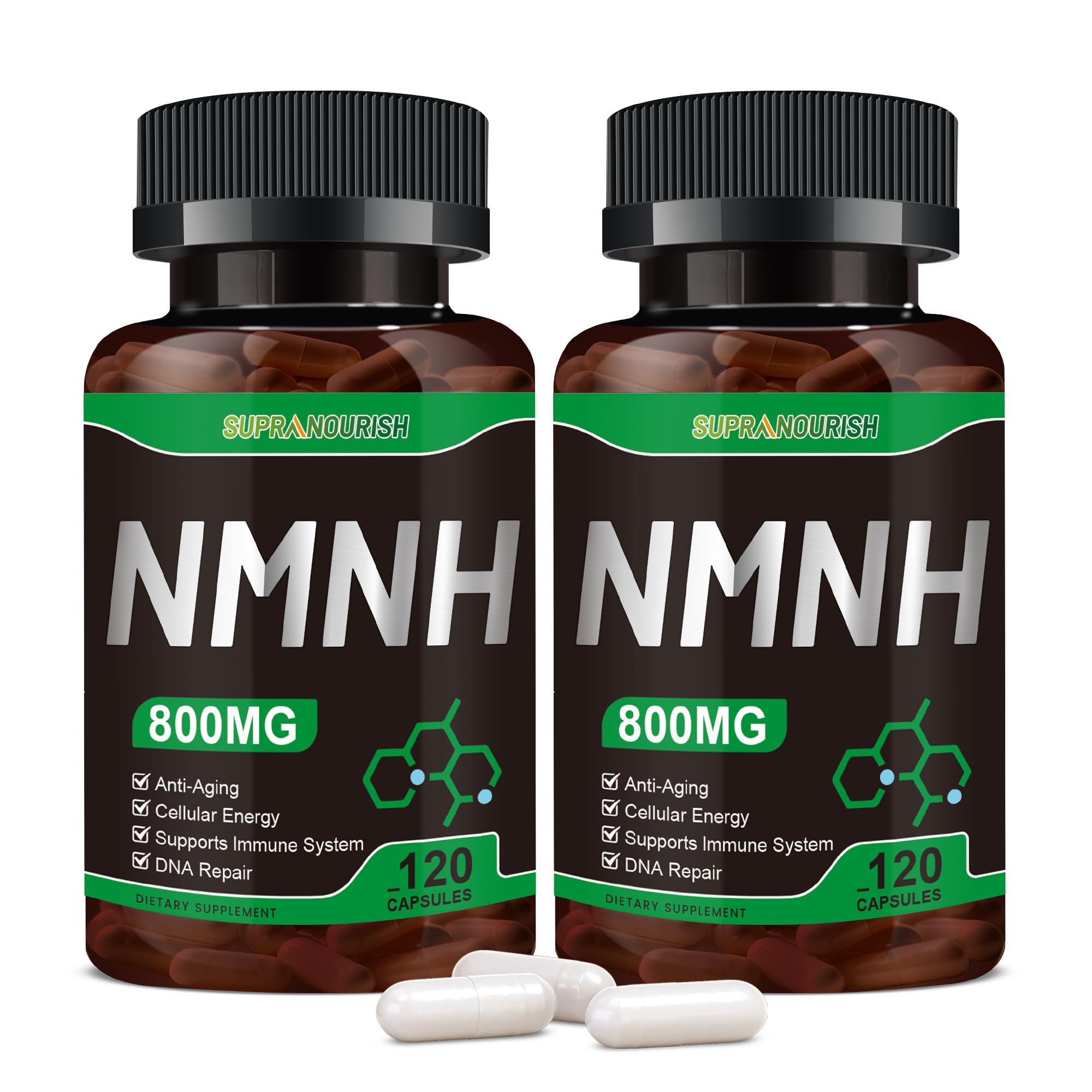 SUPRANOURISH NMNH — bouteille ambrée et capsules de 800 mg pour énergie et concentration