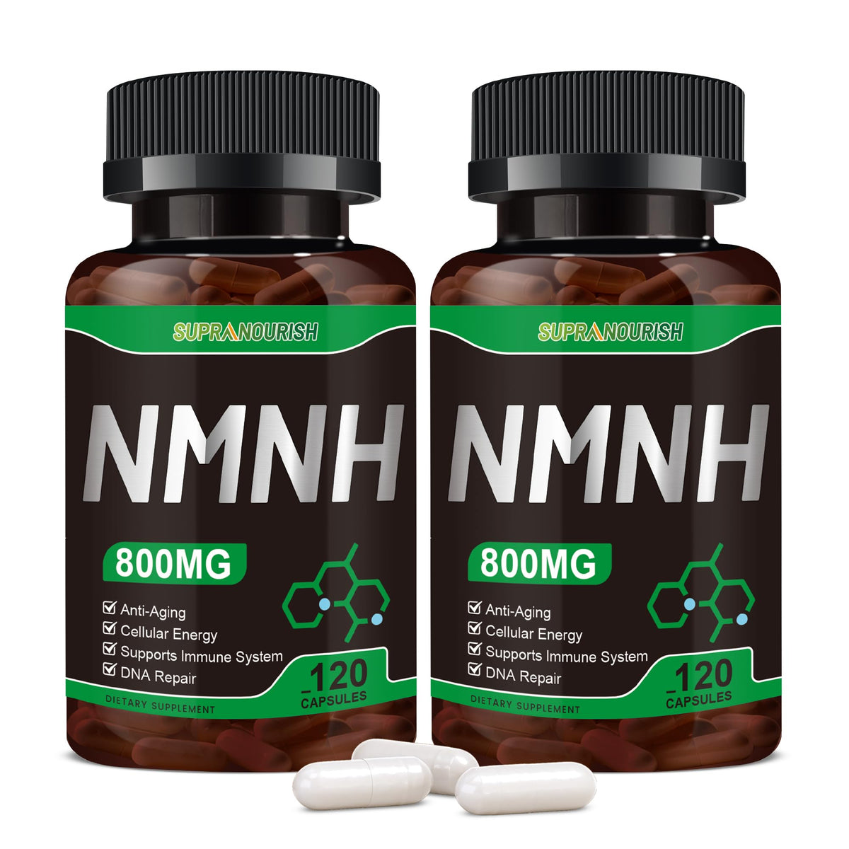 SUPRANOURISH NMNH — bouteille ambrée et capsules de 800 mg pour énergie et concentration