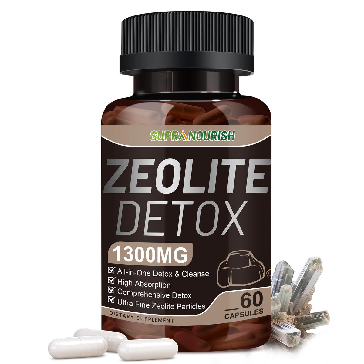 SUPRANOURISH Détox Zéolite capsules : bouteille prête pour l'usage quotidien et la vitalité.