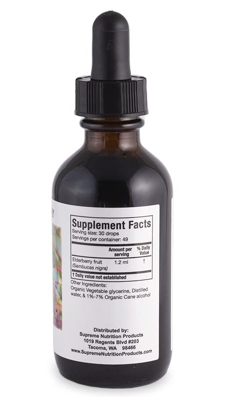 Étiquette claire sur la bouteille de Supreme Nutrition Elderberry Tincture