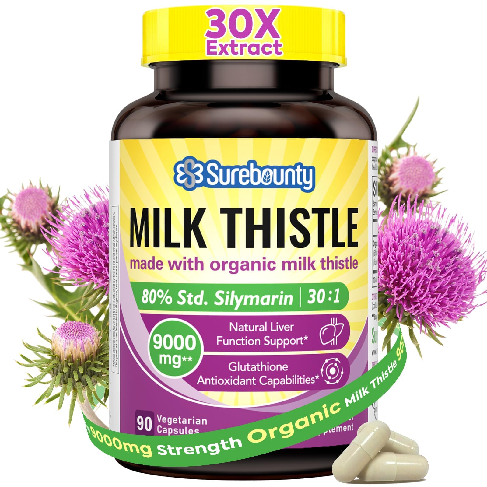 Surebounty Chardon-Marie – bouteille de capsules, soutien potentiel du foie et détox naturelle.