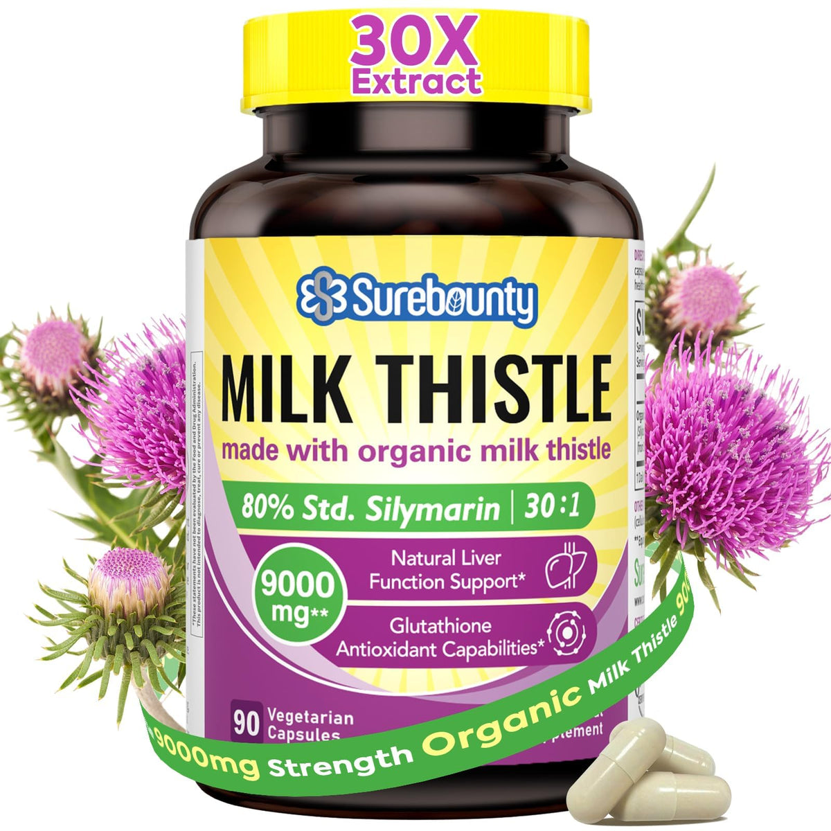 Surebounty Chardon-Marie – bouteille de capsules, soutien potentiel du foie et détox naturelle.