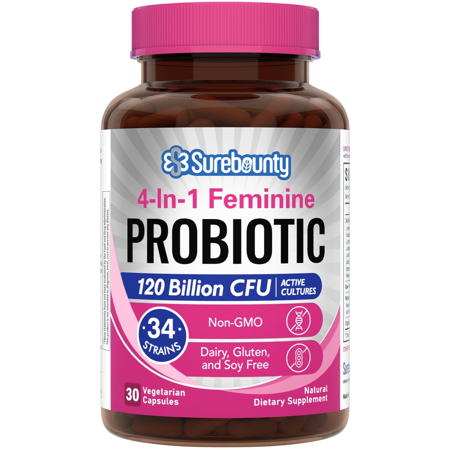 Surebounty probiotiques pour femmes — boîte et capsule, soutien digestif potentiel.