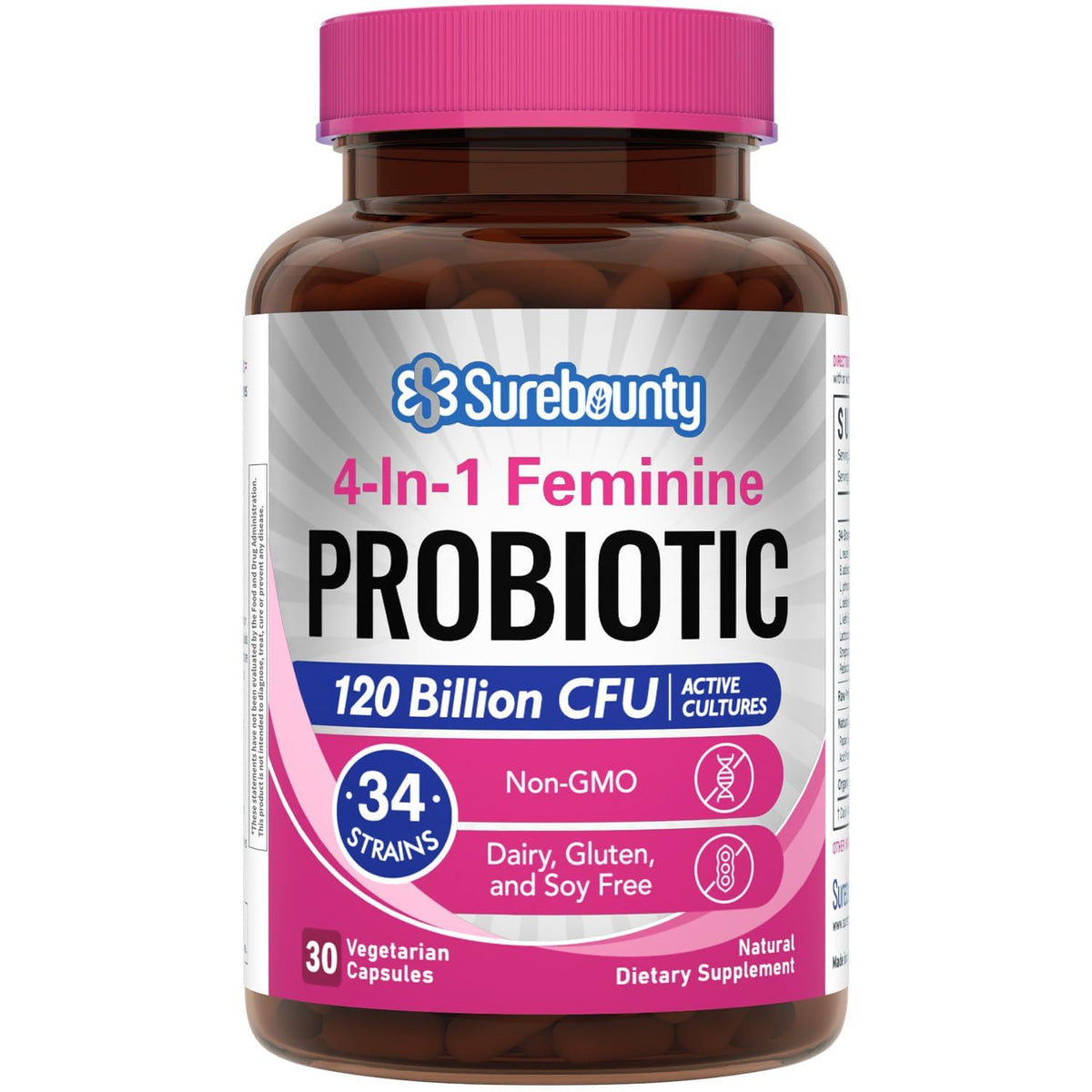 Surebounty probiotiques pour femmes — boîte et capsule, soutien digestif potentiel.