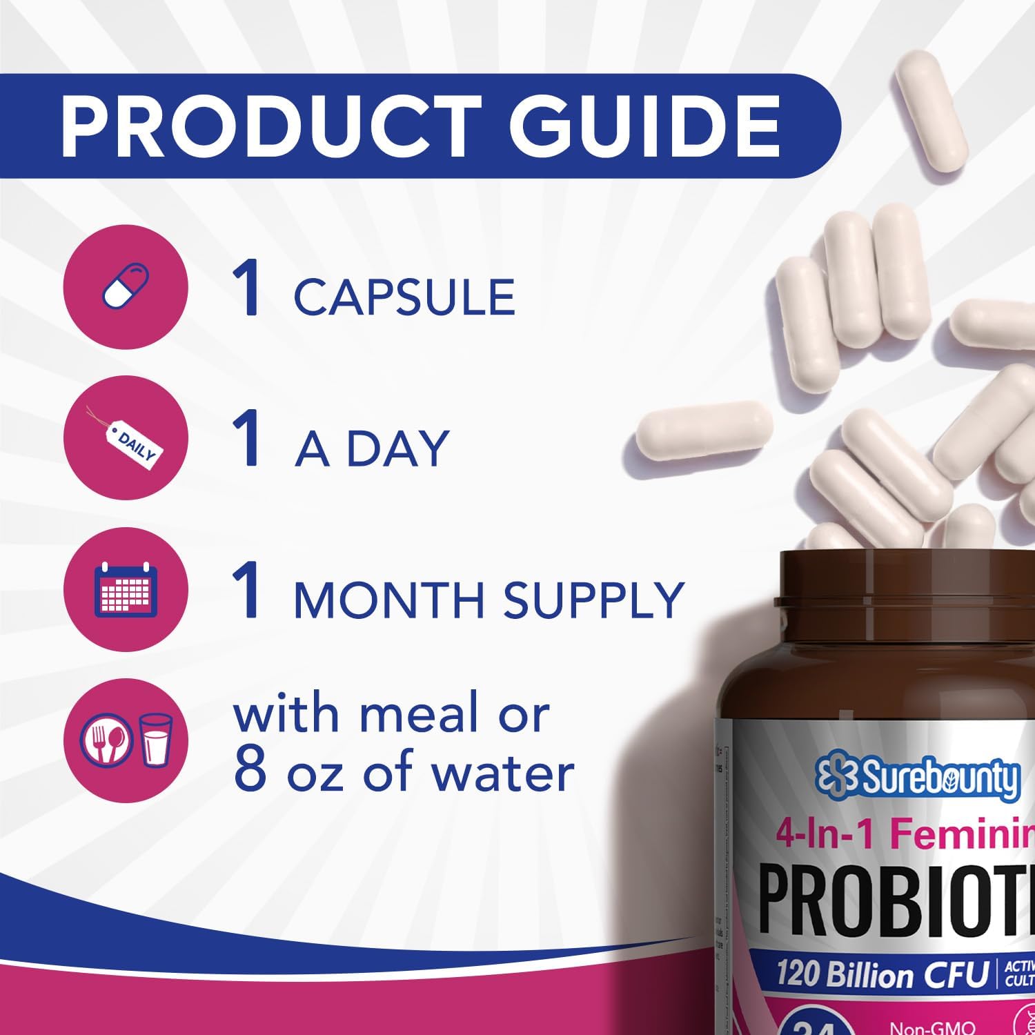 Surebounty probiotiques pour femmes — sans allergènes, forme pratique.