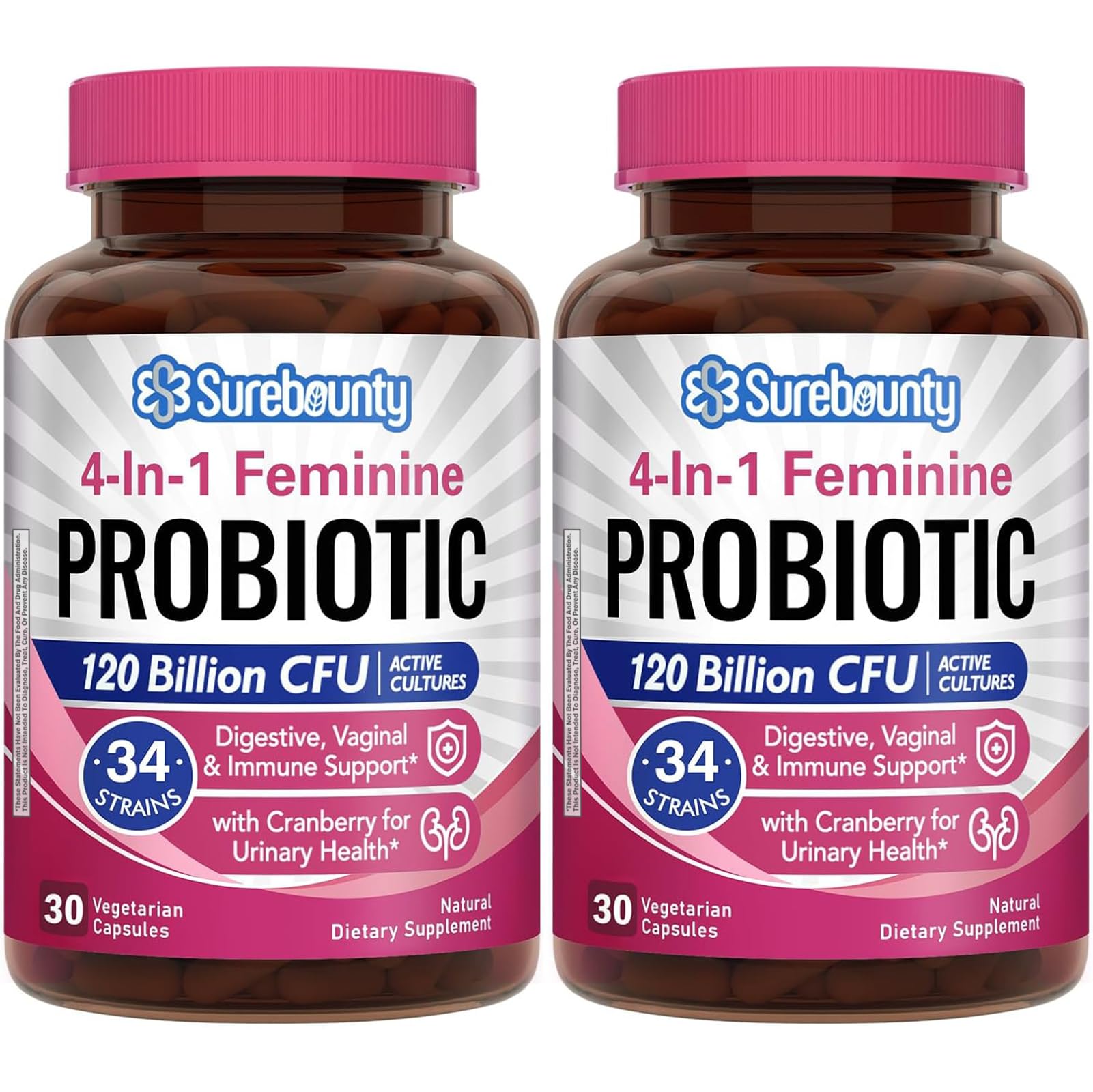 Surebounty Probiotiques pour femmes — bouteille montrant la dose quotidienne pour soutenir la flore intime.