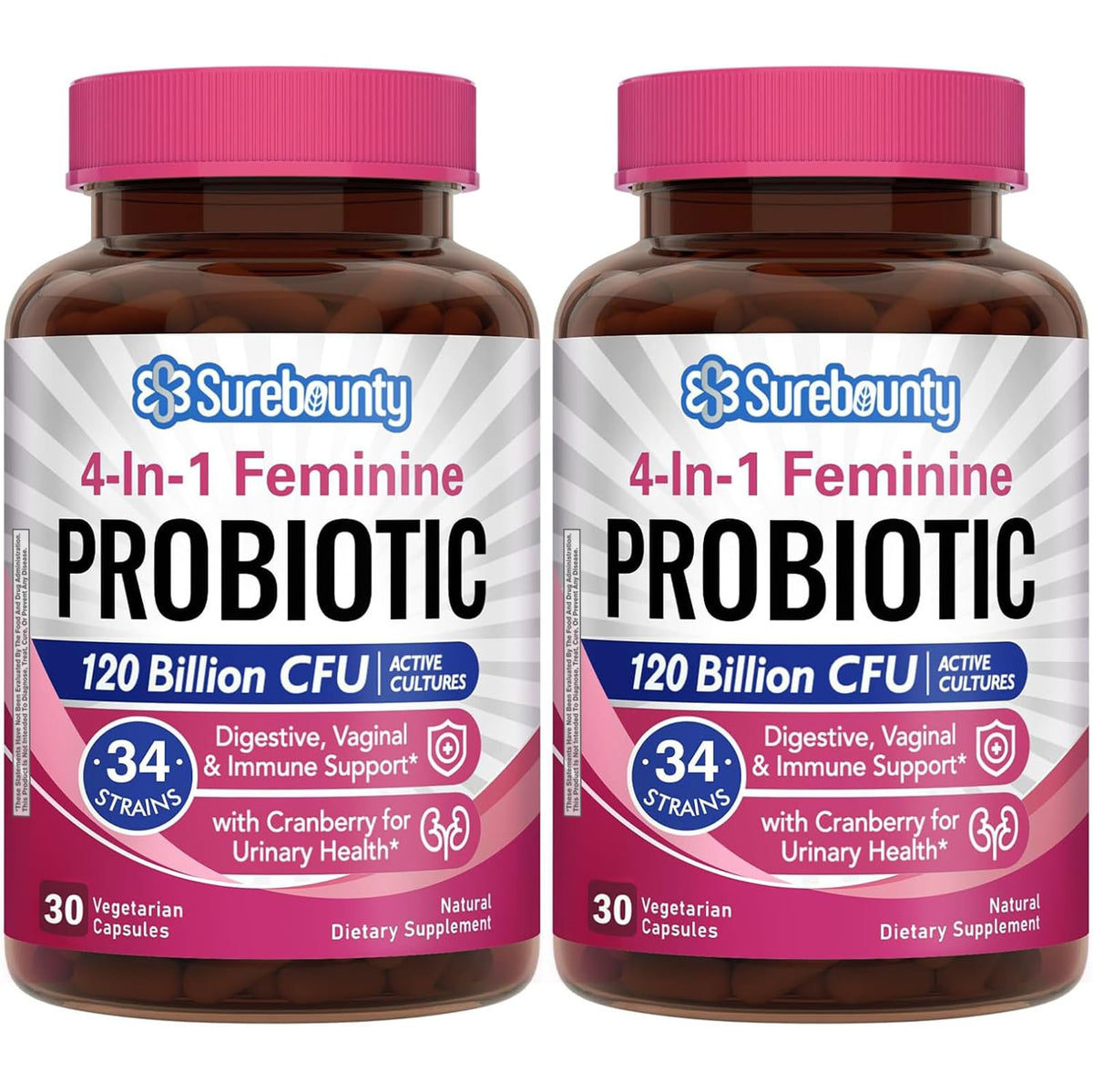 Surebounty Probiotiques pour femmes — bouteille montrant la dose quotidienne pour soutenir la flore intime.
