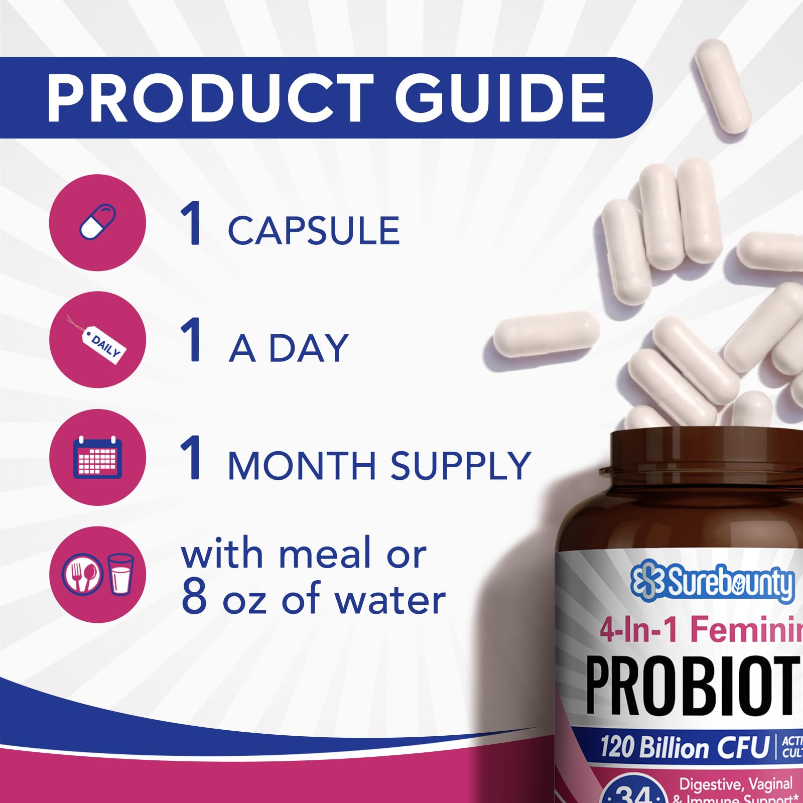 Surebounty Probiotiques pour femmes — dose quotidienne pratique à prendre avec eau.