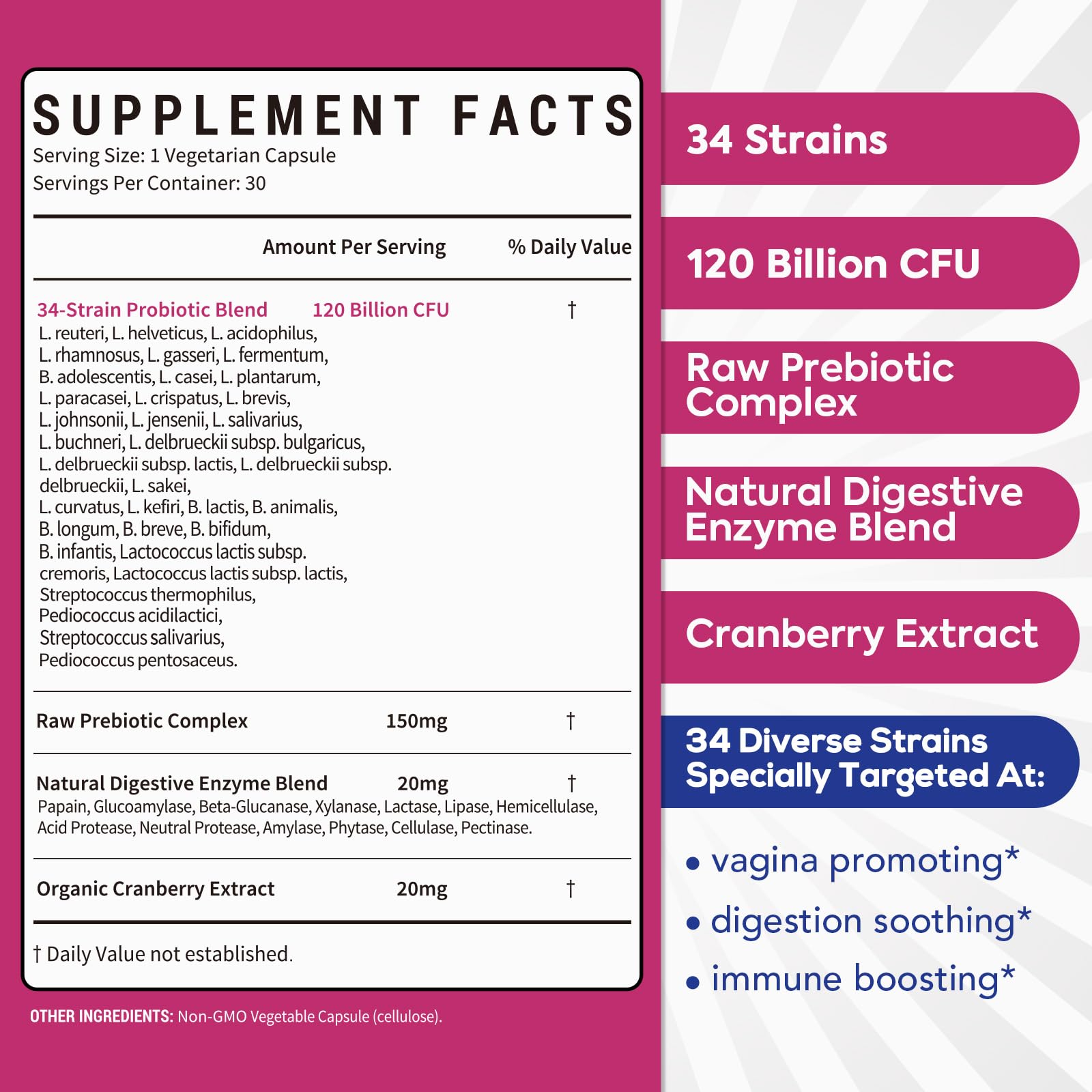 Surebounty Probiotiques pour femmes — emballage clair indiquant 120 milliards CFU et 34 souches.