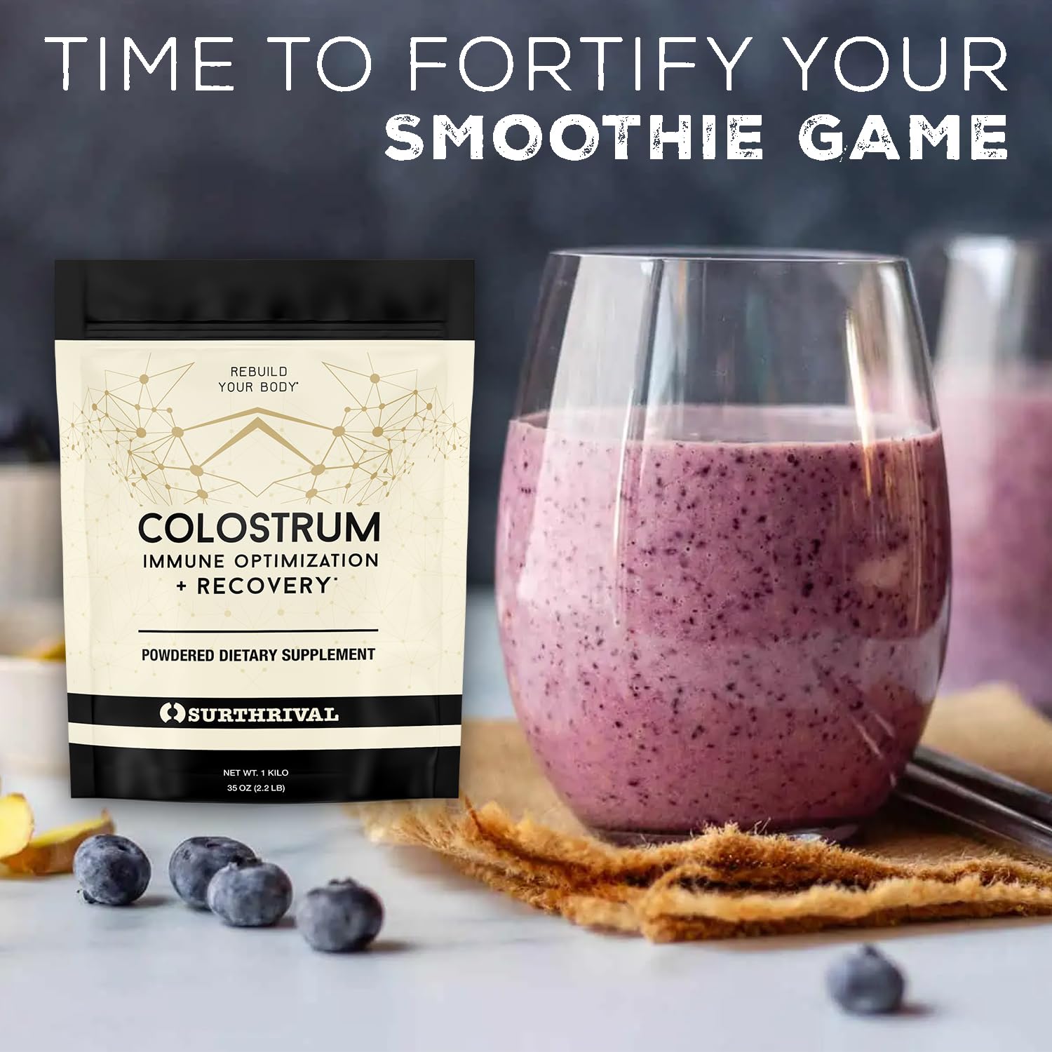 Surthrival Colostrum en Poudre, texture crémeuse: dégustation directe ou ajout à un smoothie.