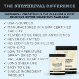 Surthrival Colostrum en Poudre, étiquette: sans OGM et fabriqué en usine certifiée GMP.