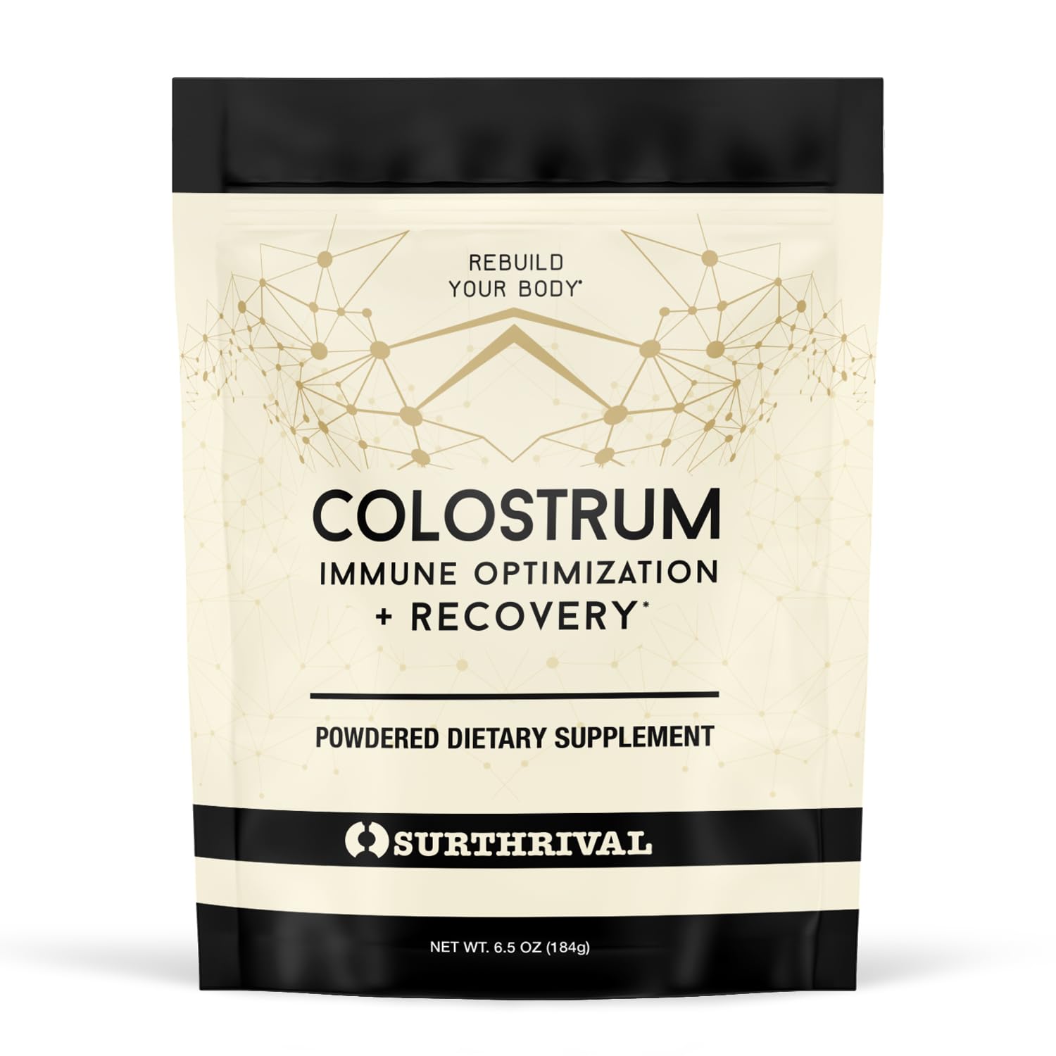 Surthrival Colostrum en Poudre, pot: texture riche, soutien potentiel pour l'énergie et la récupération.