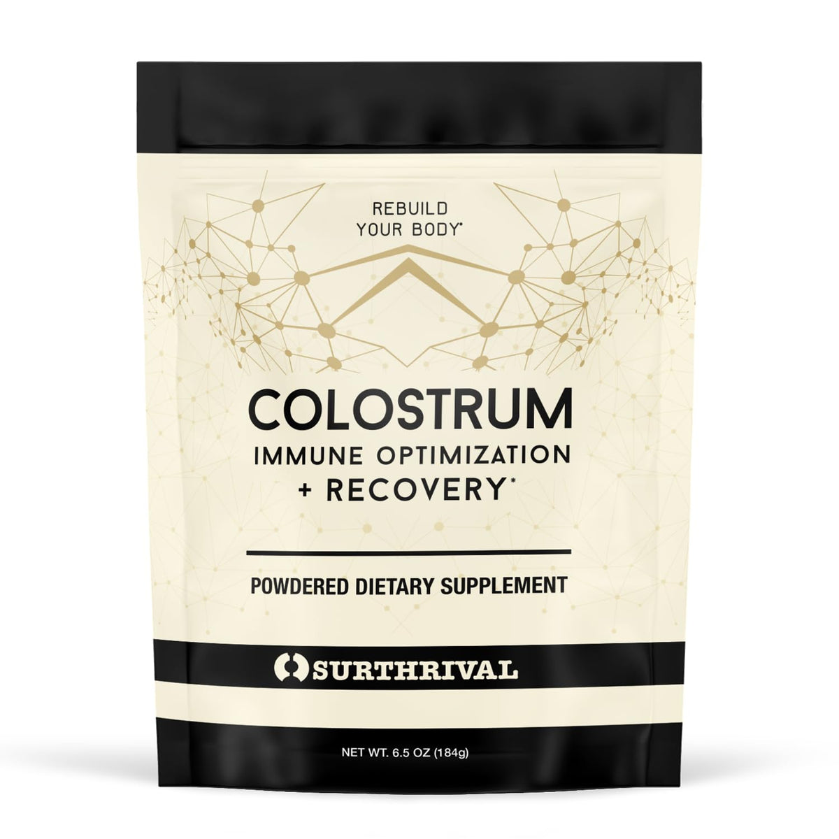Surthrival Colostrum en Poudre, pot: texture riche, soutien potentiel pour l'énergie et la récupération.