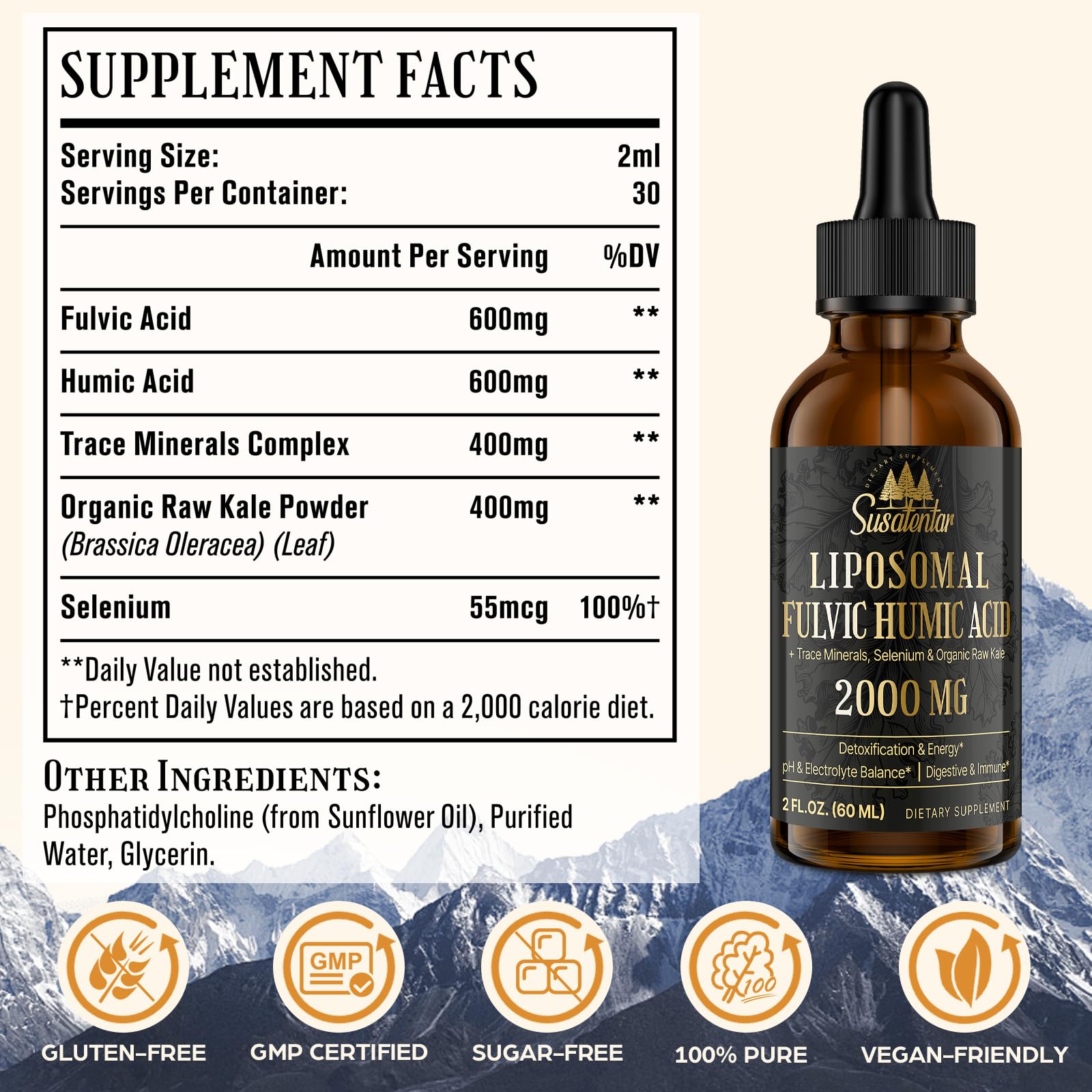 Susatentar, étiquette bio montrant acide humique et minéraux pour la nutrition.