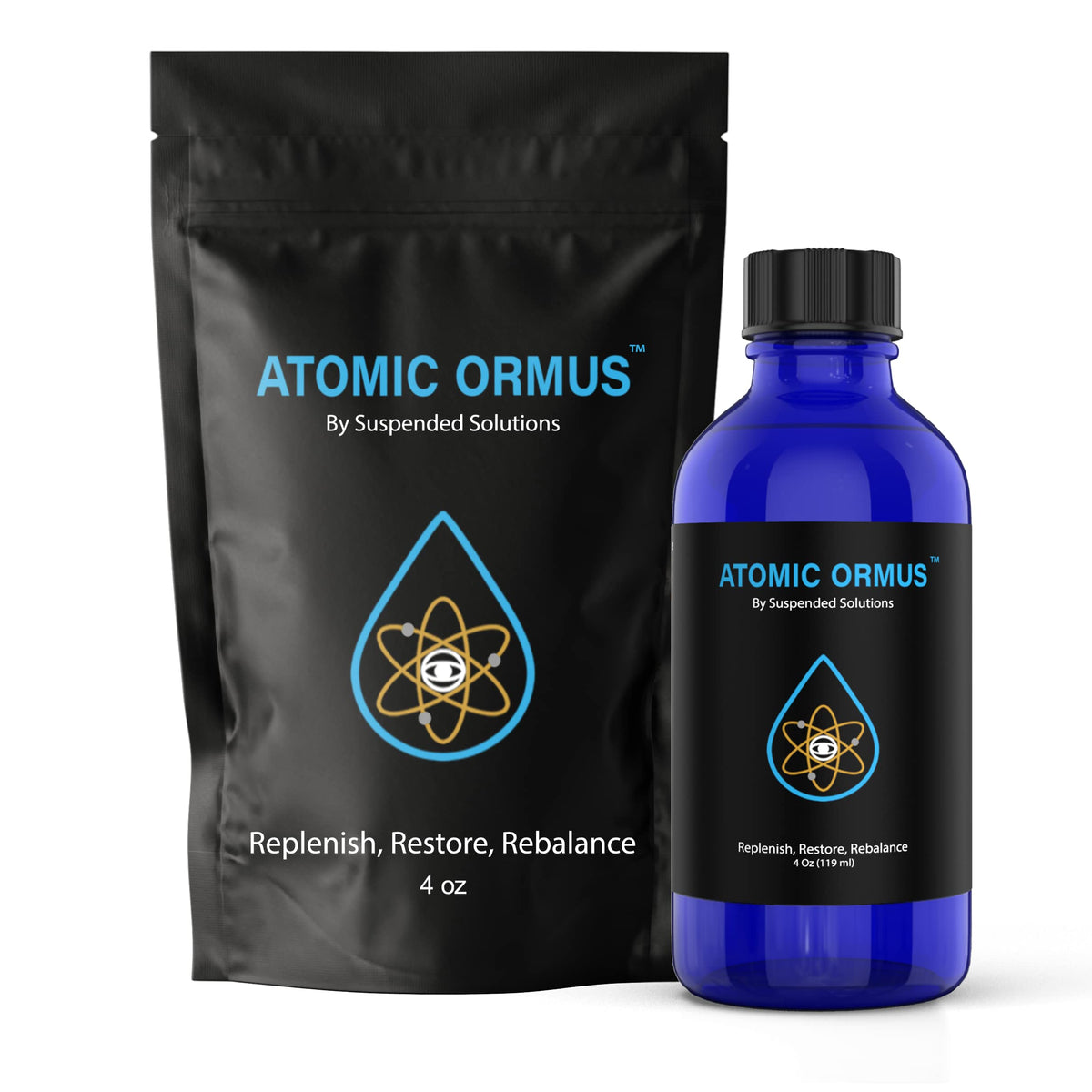 Suspended Solutions Ormus 4oz, bouteille prête à l’emploi pour routine matinale.