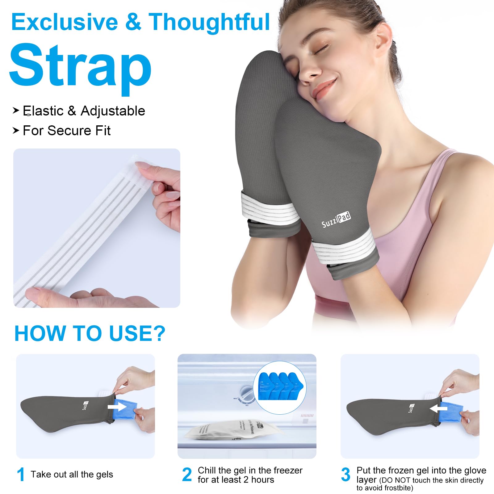 SuzziPad ajustement reglable gants-pieds pour un port confortable.