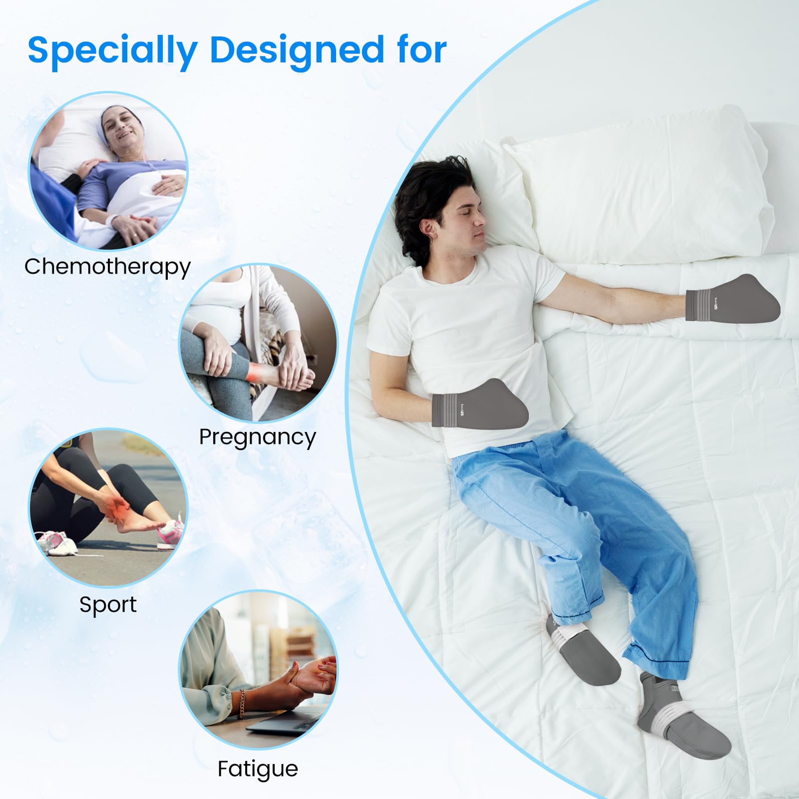 Chaussettes glace SuzziPad pour chimiothérapie procurant une protection froide sur les pieds.
