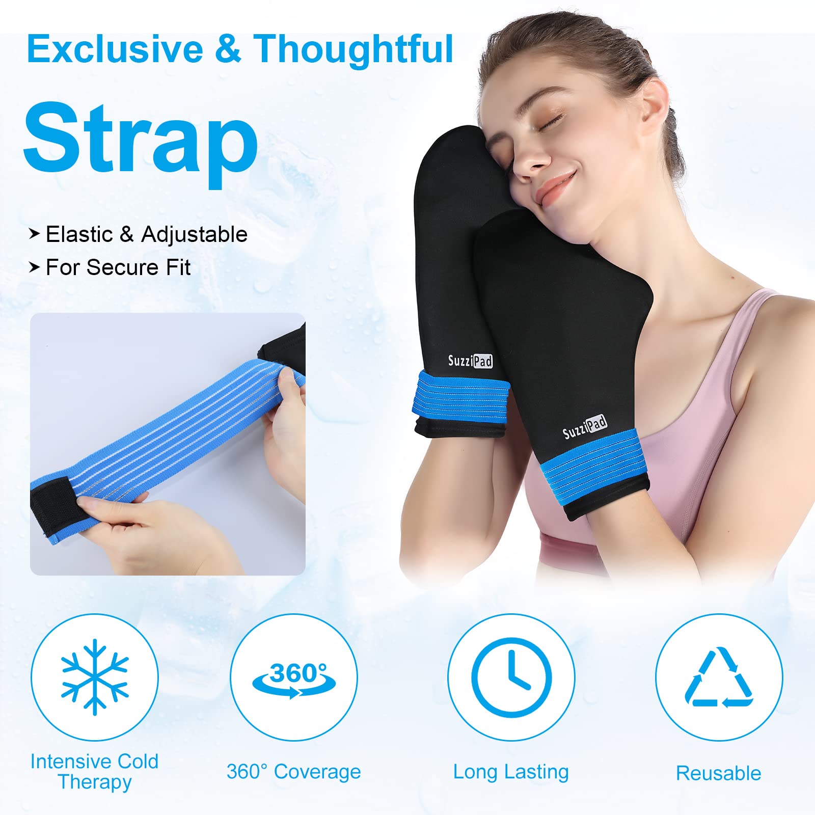 Packs-gel-refroidissants SuzziPad pour un refroidissement rapide des extrémités.
