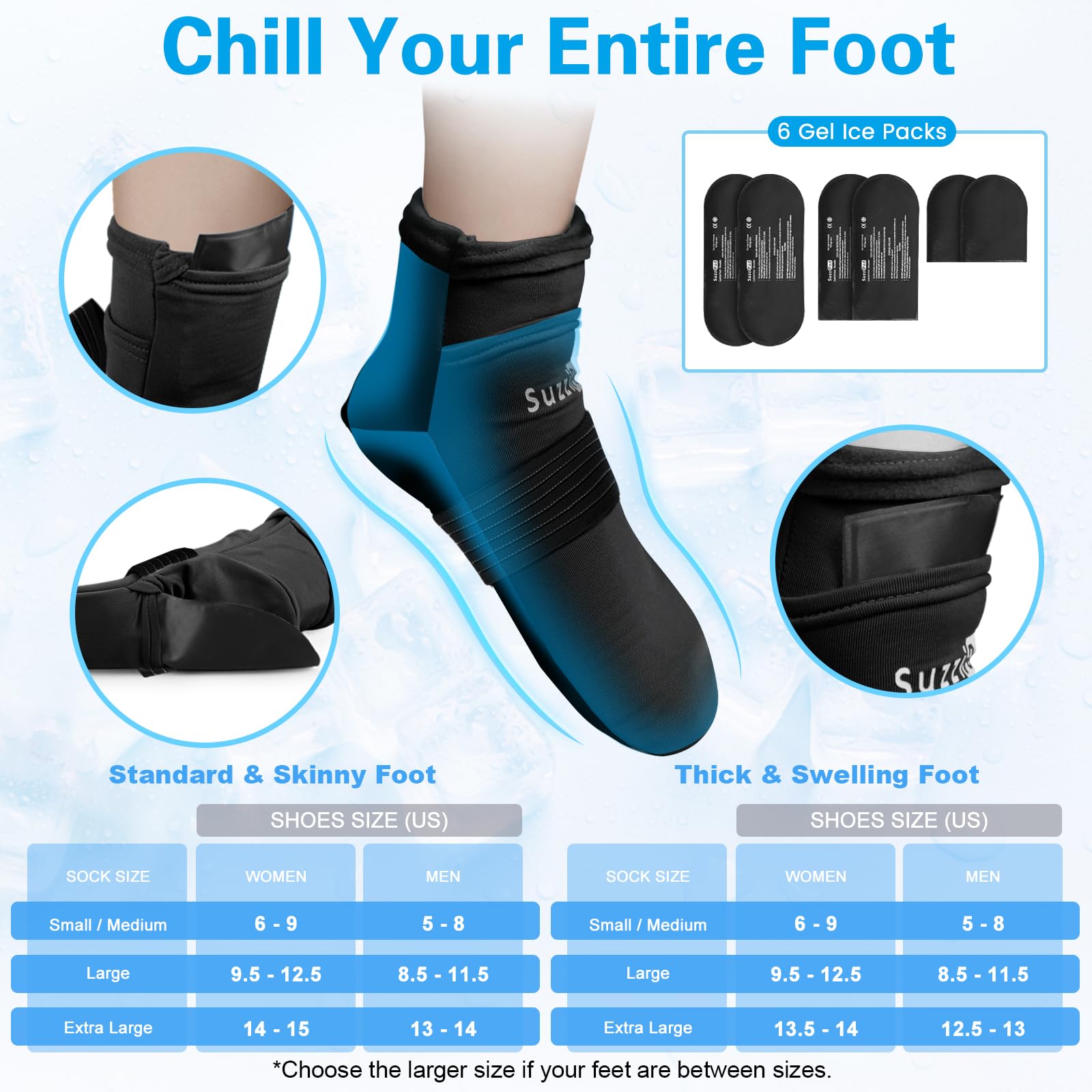 Pochettes de gel SuzziPad dans les chaussettes pour un refroidissement du dessus du pied