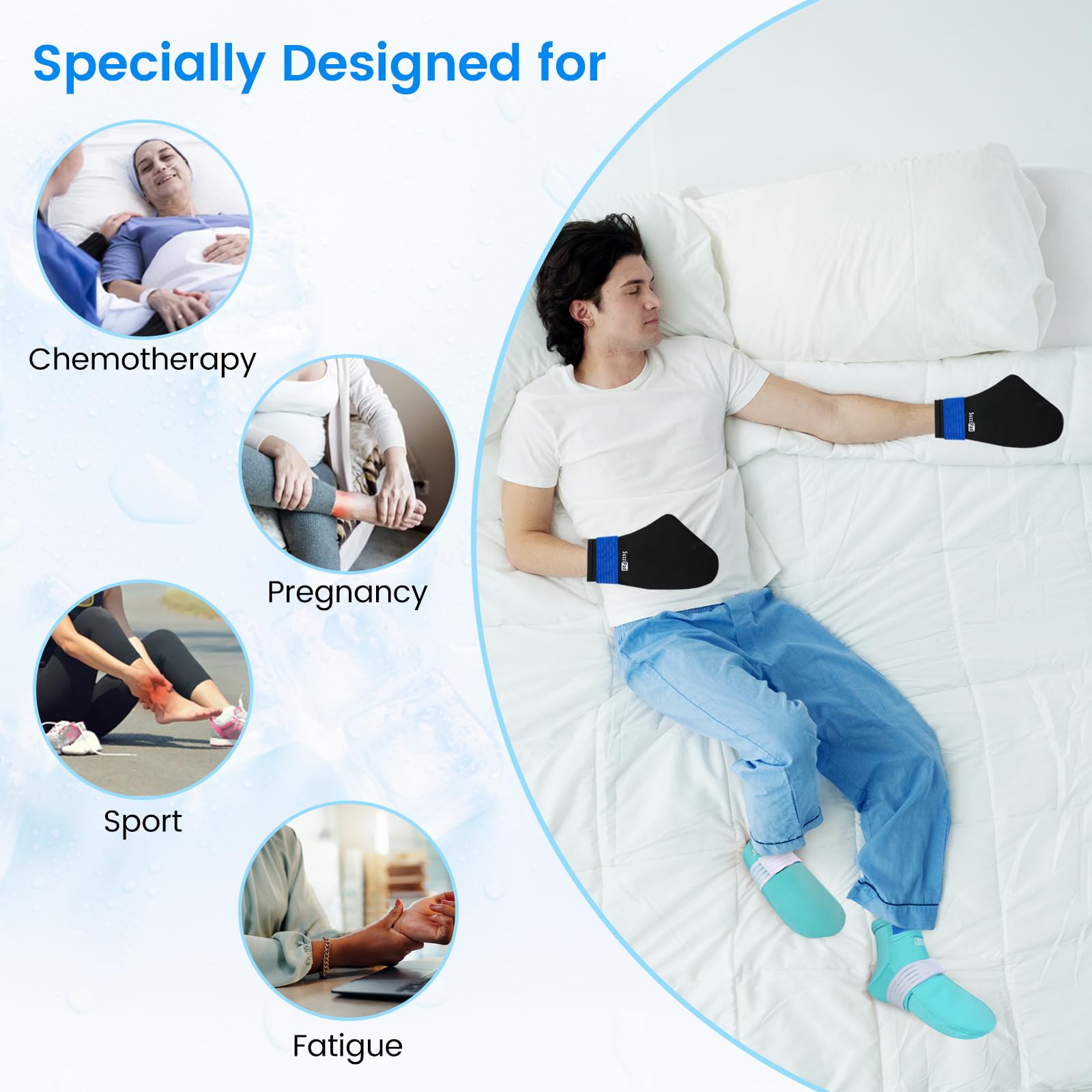 Chaussettes glace pieds prolongées SuzziPad XL couvrant le dessus du pied.