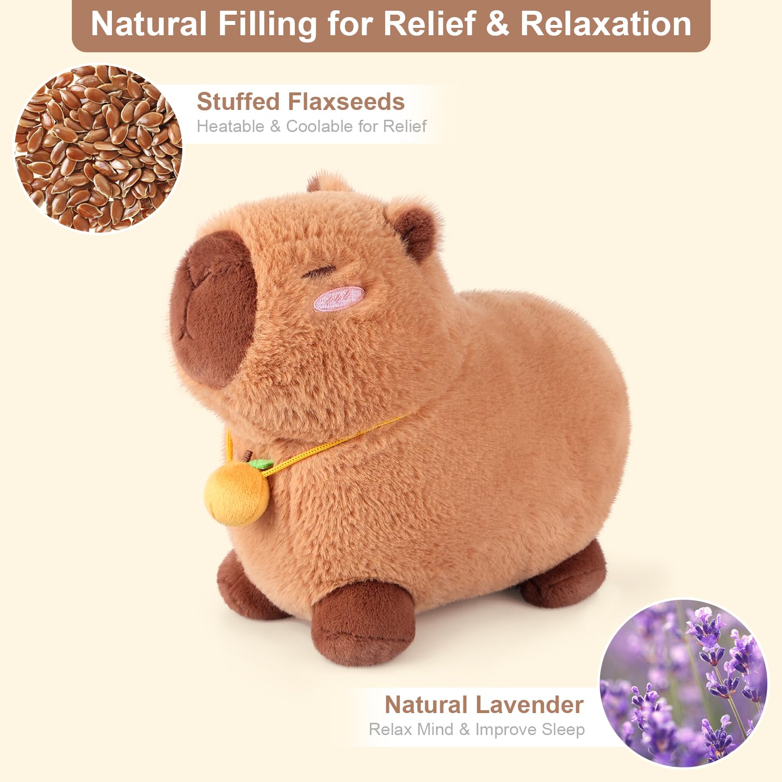 SuzziPals Capybara orange chauffée offre une chaleur apaisante pour tensions et inconfort.