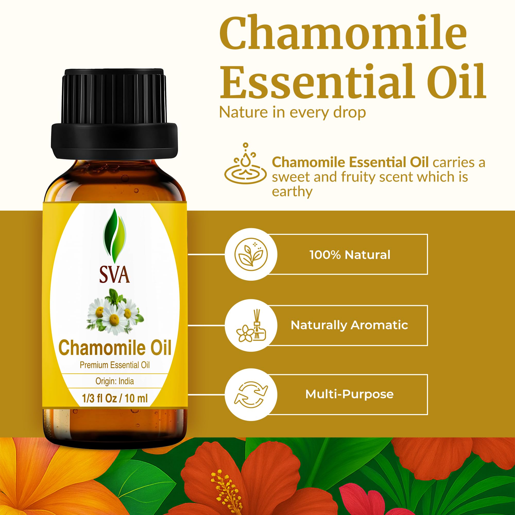 Huile de camomille SVA pour cheveux, massage capillaire doux et nourrissant.