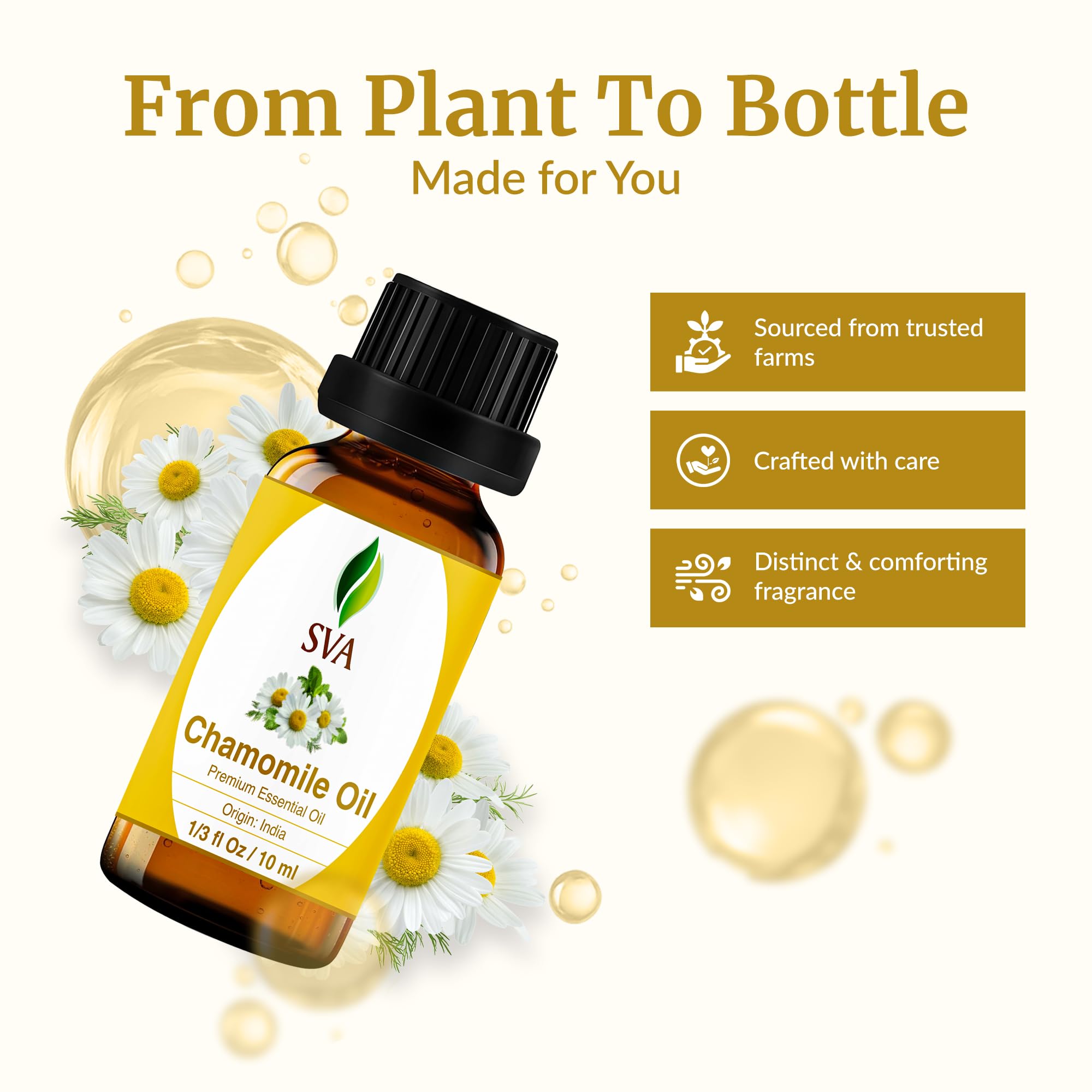 Huile de camomille SVA pour massage corporel, effet relaxant.