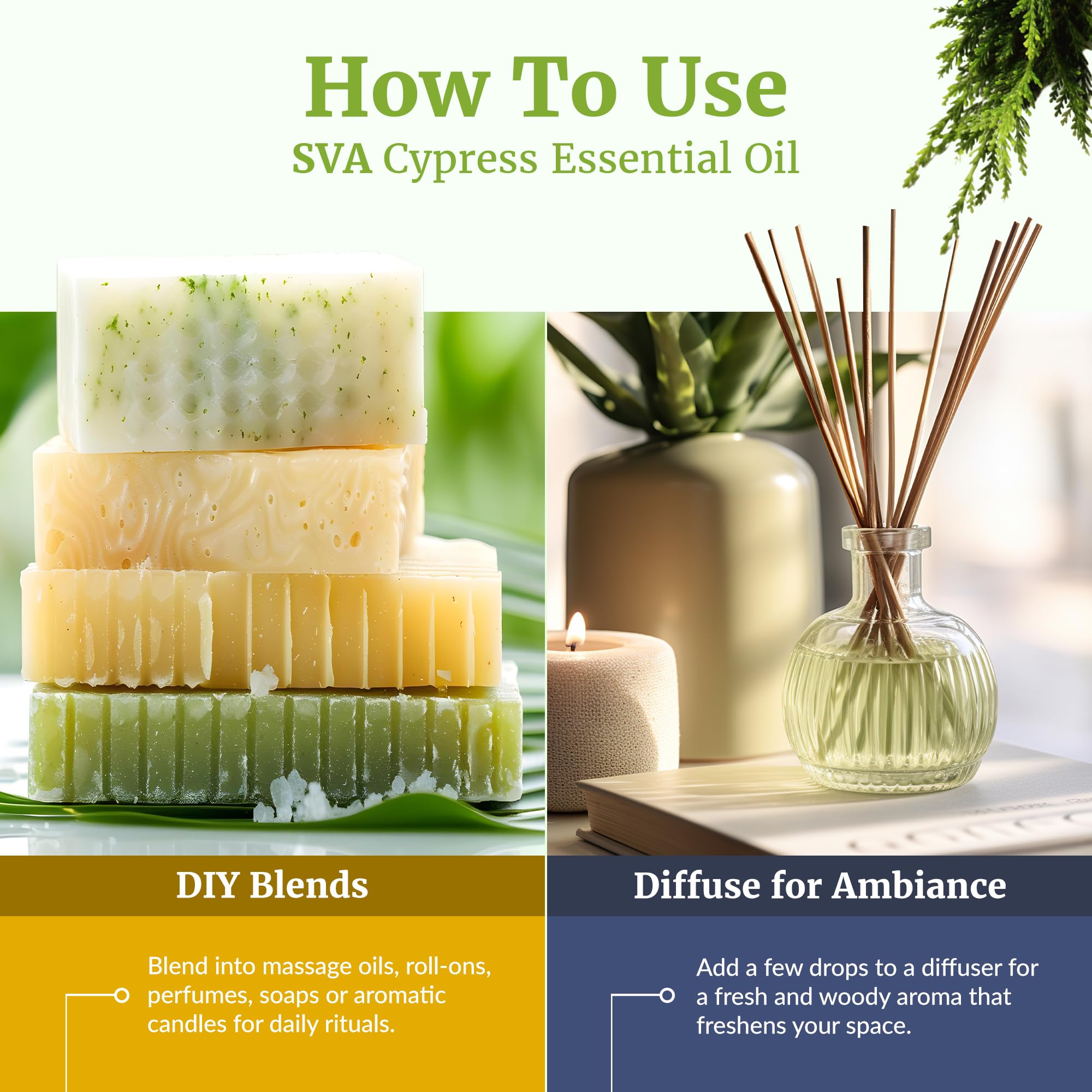 Savon et bougies artisanales enrichis à l’huile SVA Cypress pour des expériences sensorielles.