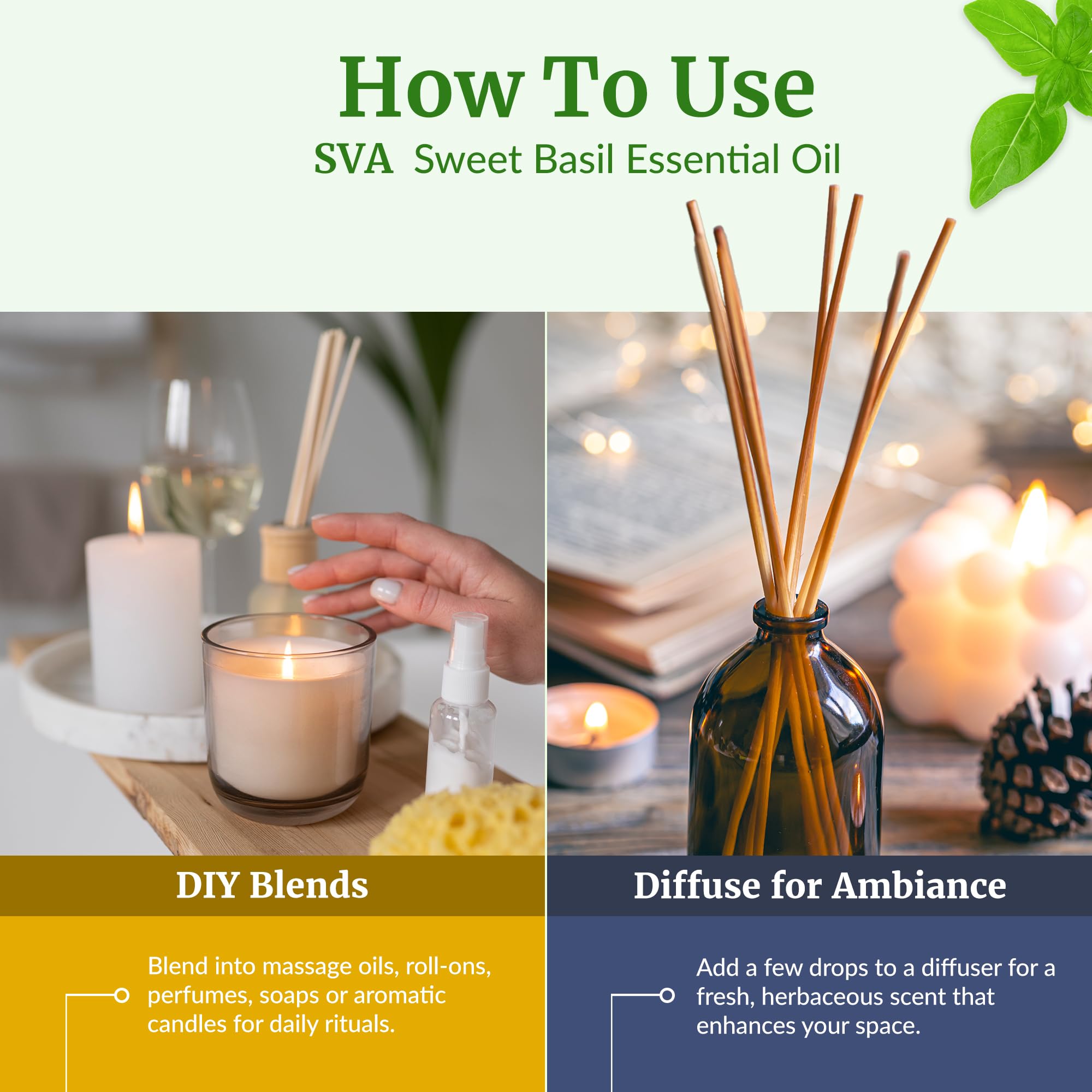Savons et bougies faits maison avec SVA Basilic Doux.