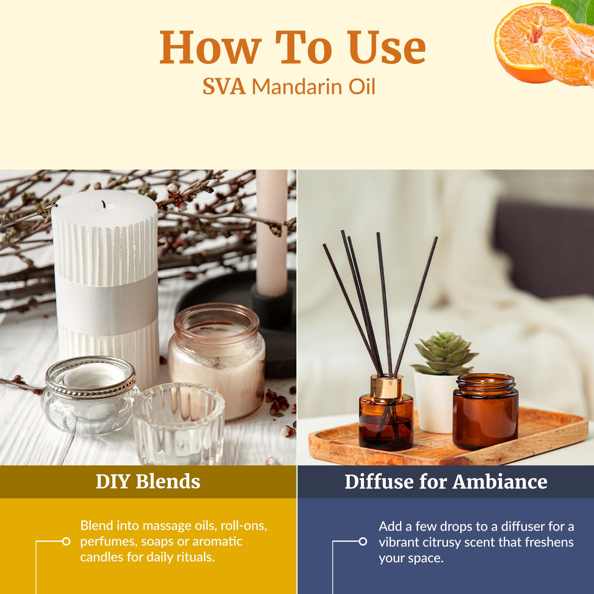 SVA Mandarin utilisations-multiples: savons, bougies et bains parfumés.