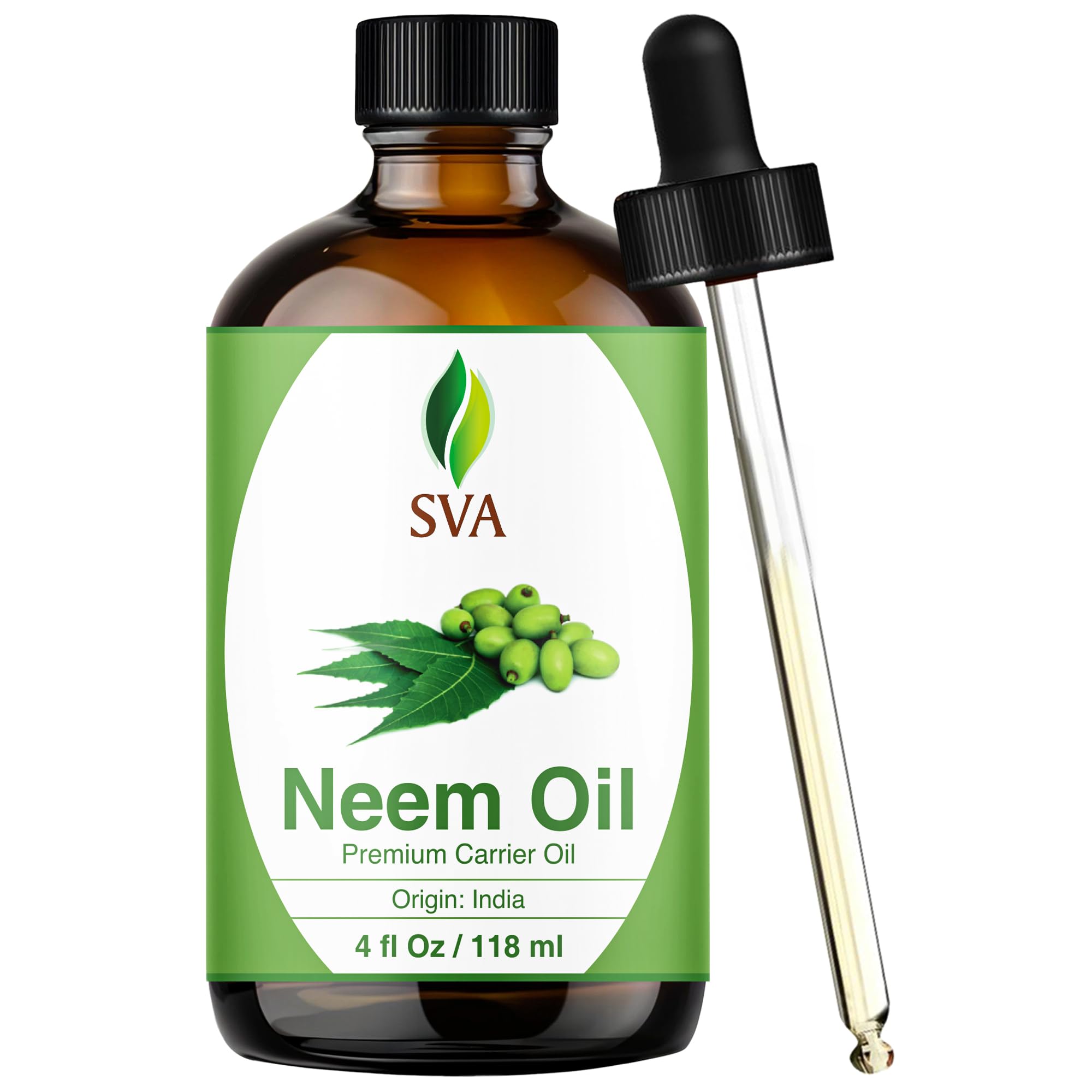 SVA Neem Oil bouteille 4oz avec pipette, application précise sur peau et cheveux.
