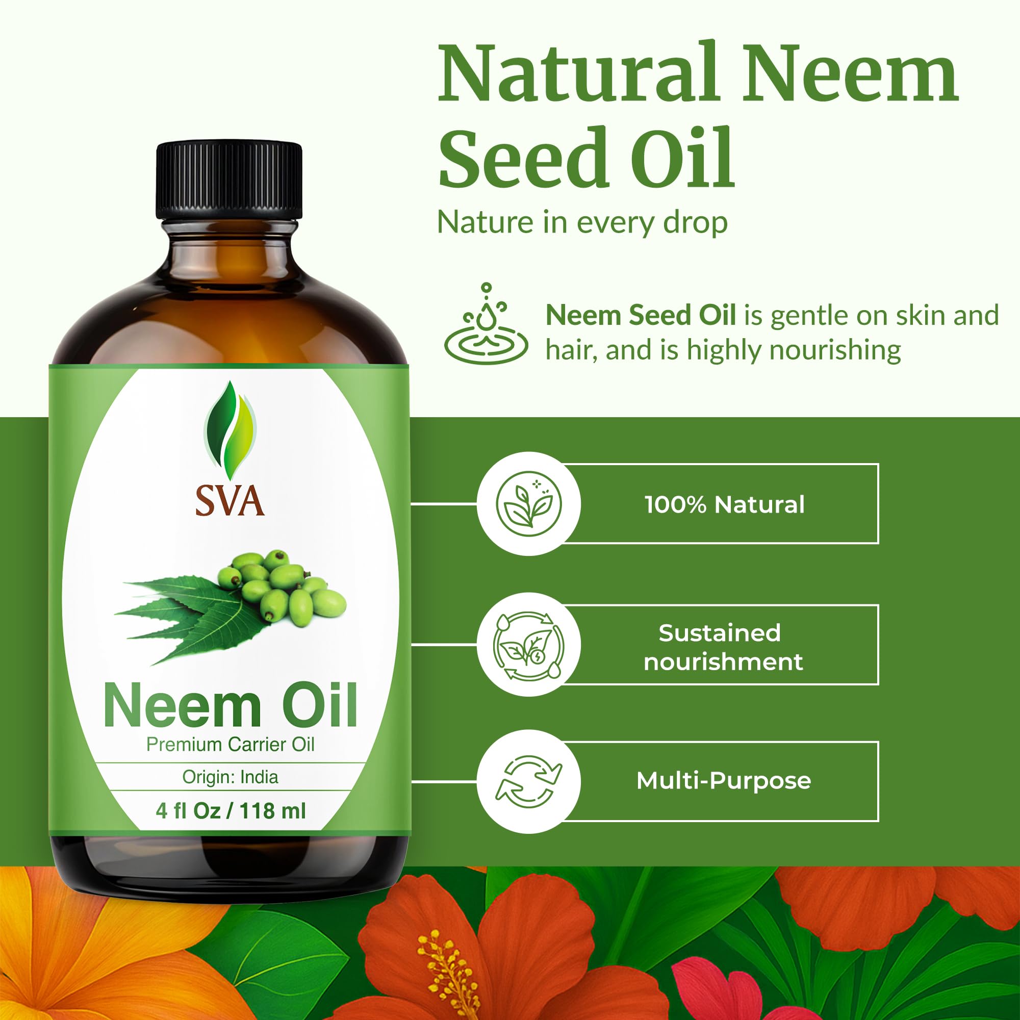 SVA Neem Oil goutte sur paume pour massage doux et ciblé.