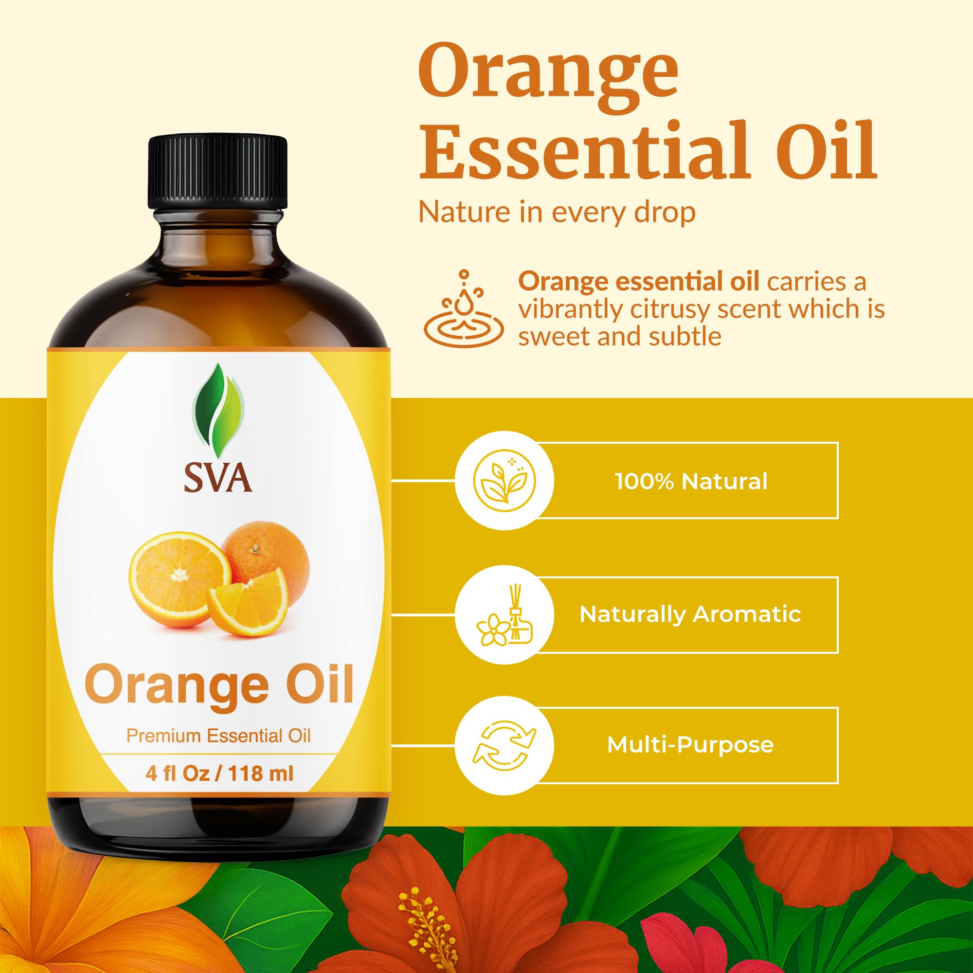 SVA ORGANICS compte-gouttes orange, dosage précis pour soins visage et corps.
