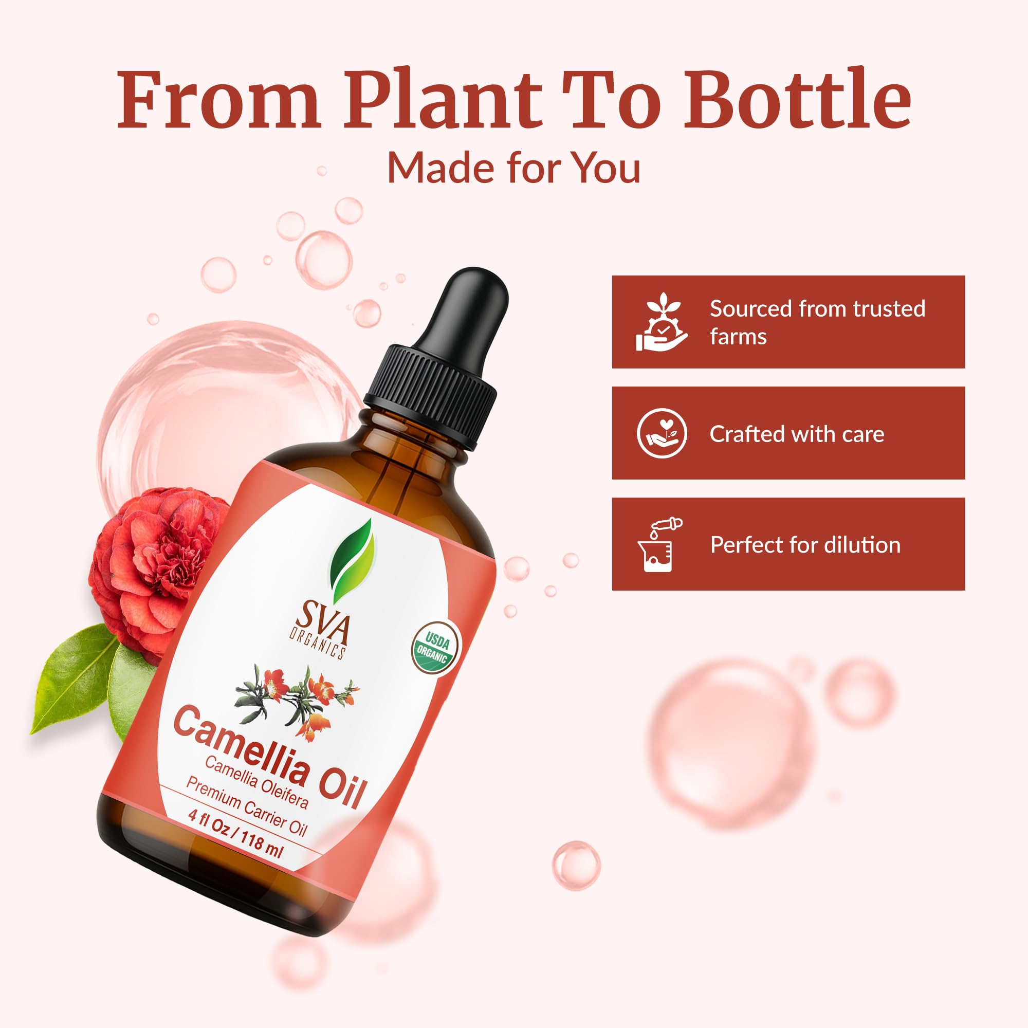 SVA Organics huile de camellia, soin du corps pour peau lisse après le bain.